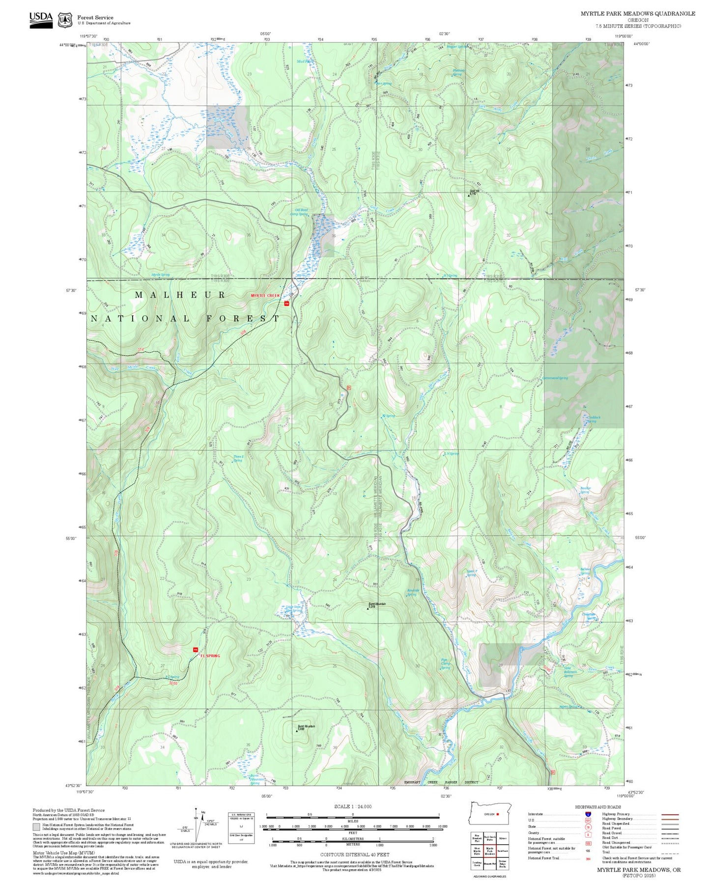 2025 Forest Service Topo Map of Myrtle Park Meadows Oregon