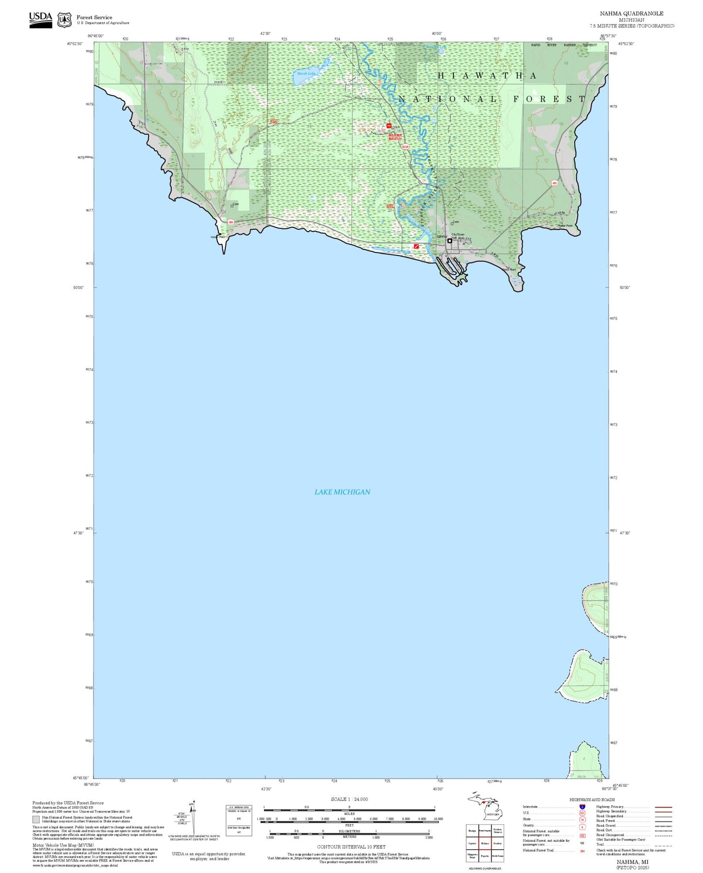 2025 Forest Service Topo Map of Nahma Michigan