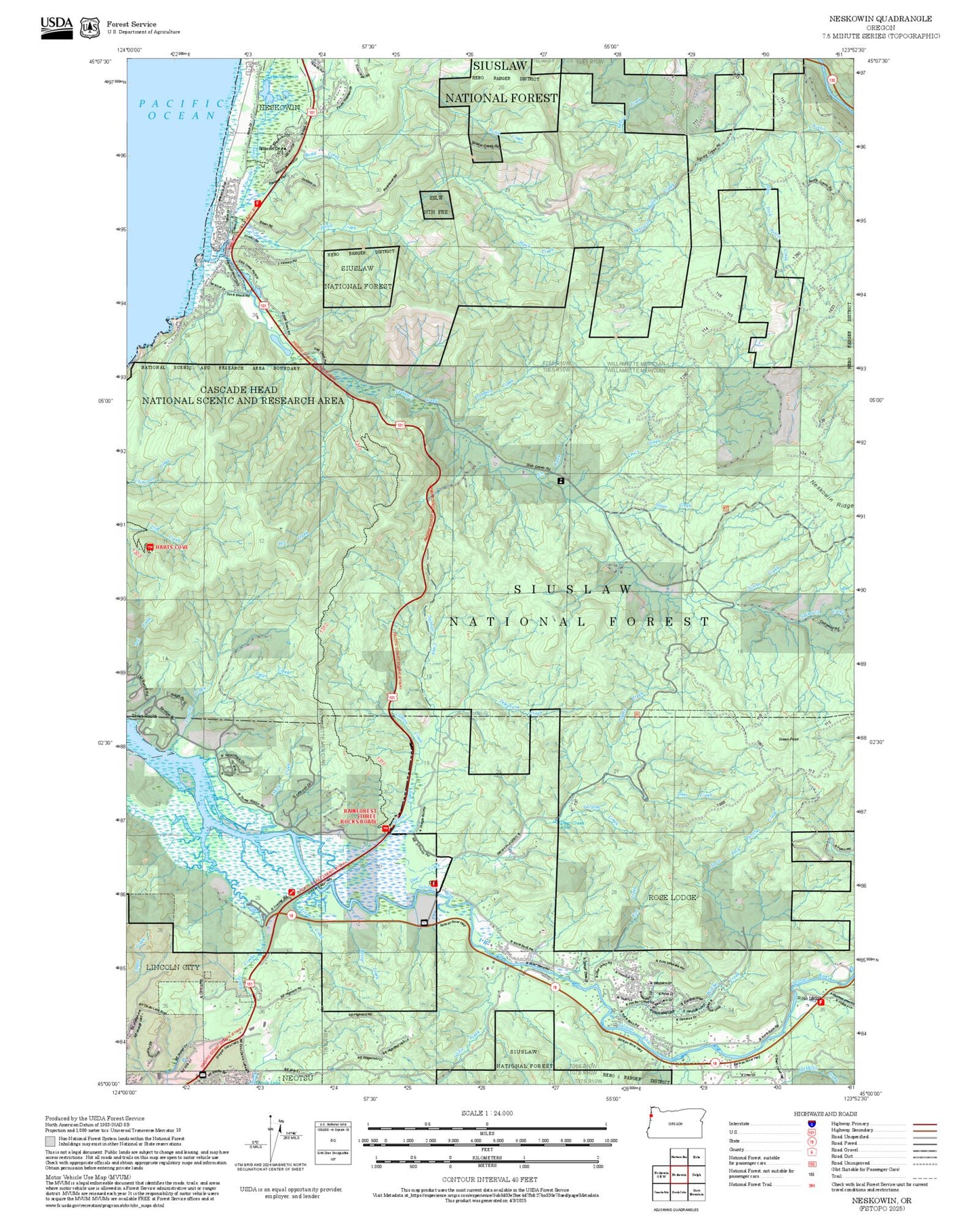 2025 Forest Service Topo Map of Neskowin Oregon