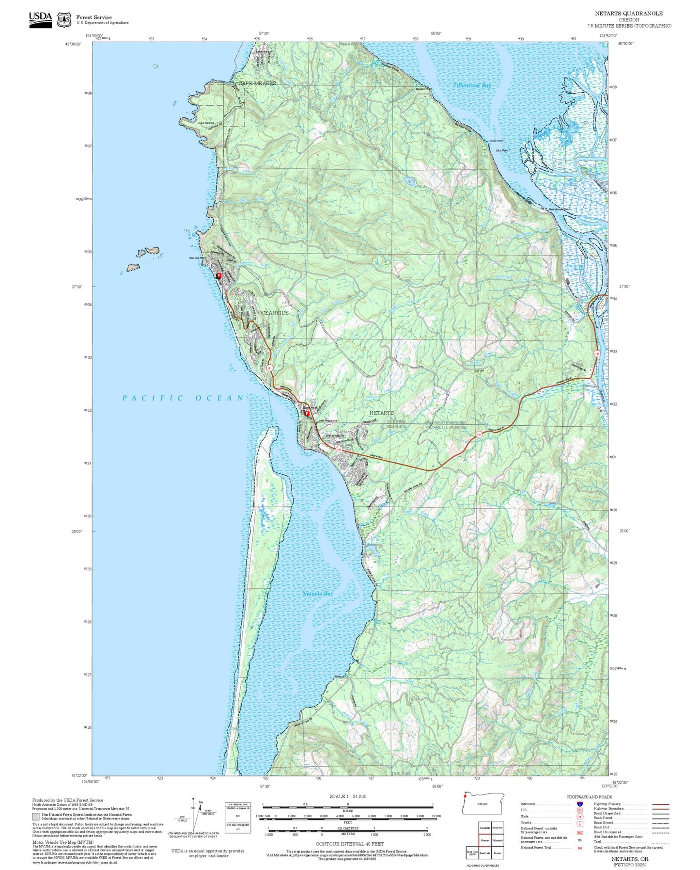 2025 Forest Service Topo Map of Netarts Oregon