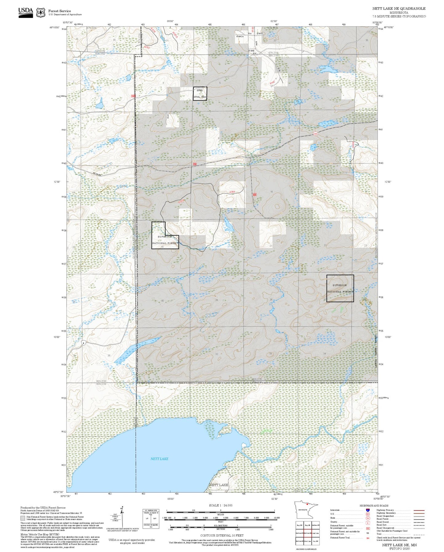2025 Forest Service Topo Map of Nett Lake NE Minnesota