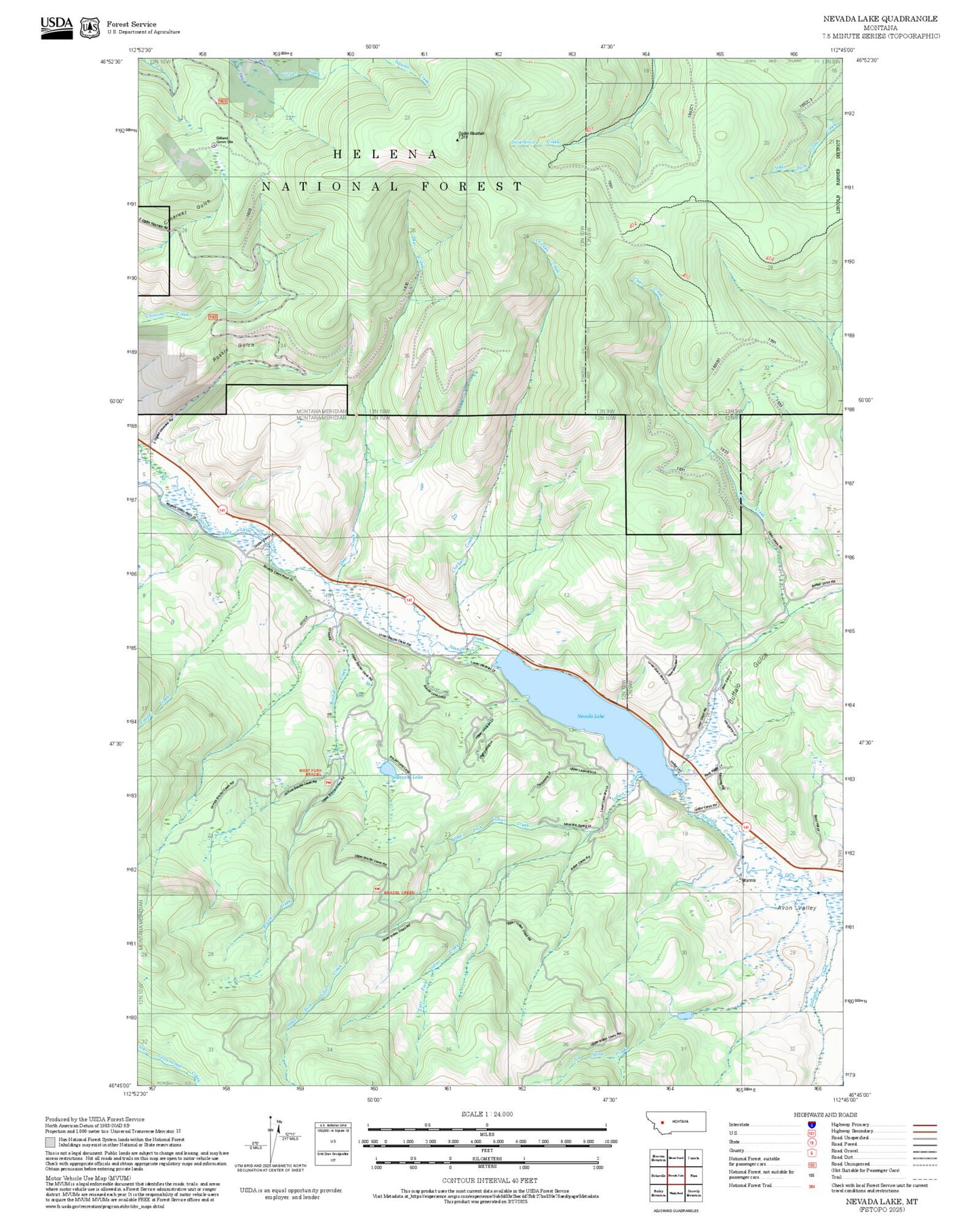 2025 Forest Service Topo Map of Nevada Lake Montana