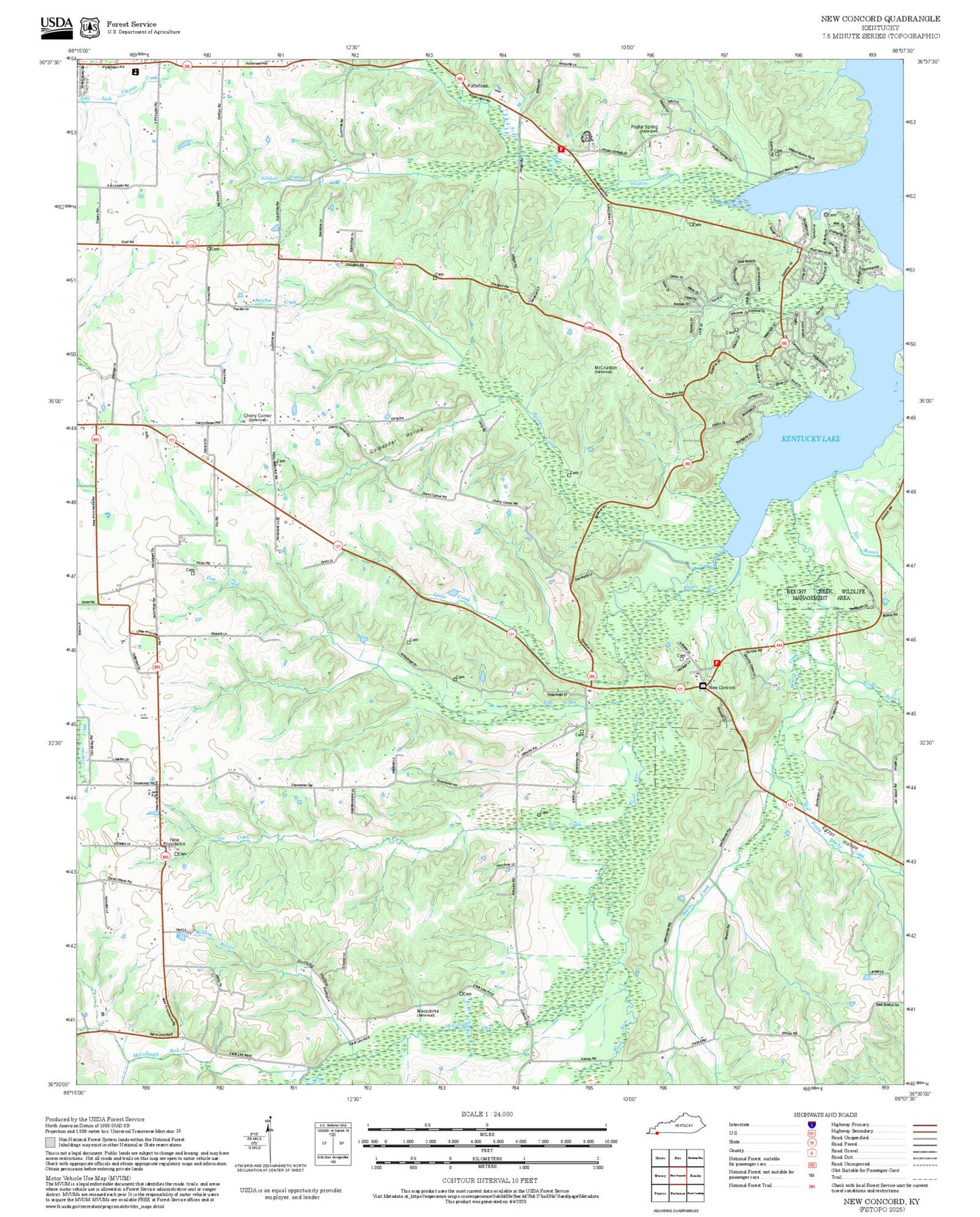 2025 Forest Service Topo Map of New Concord Kentucky