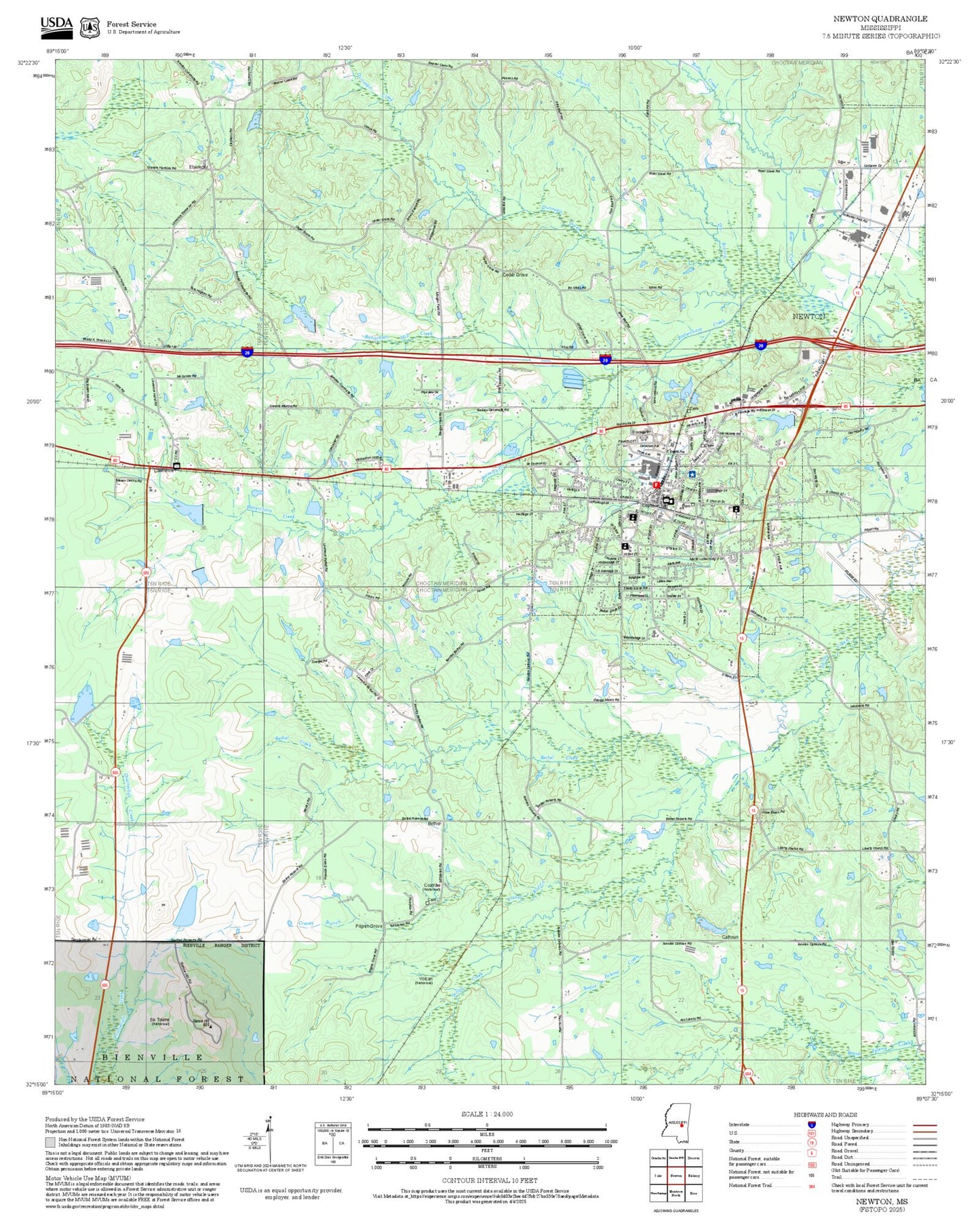 2025 Forest Service Topo Map of Newton Mississippi