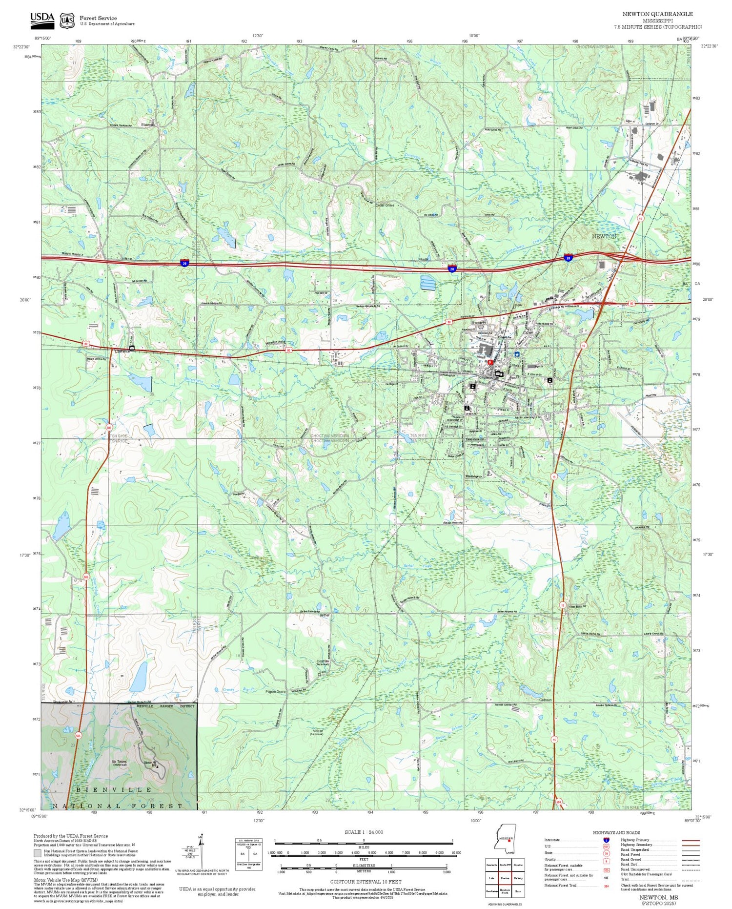 2025 Forest Service Topo Map of Newton Mississippi