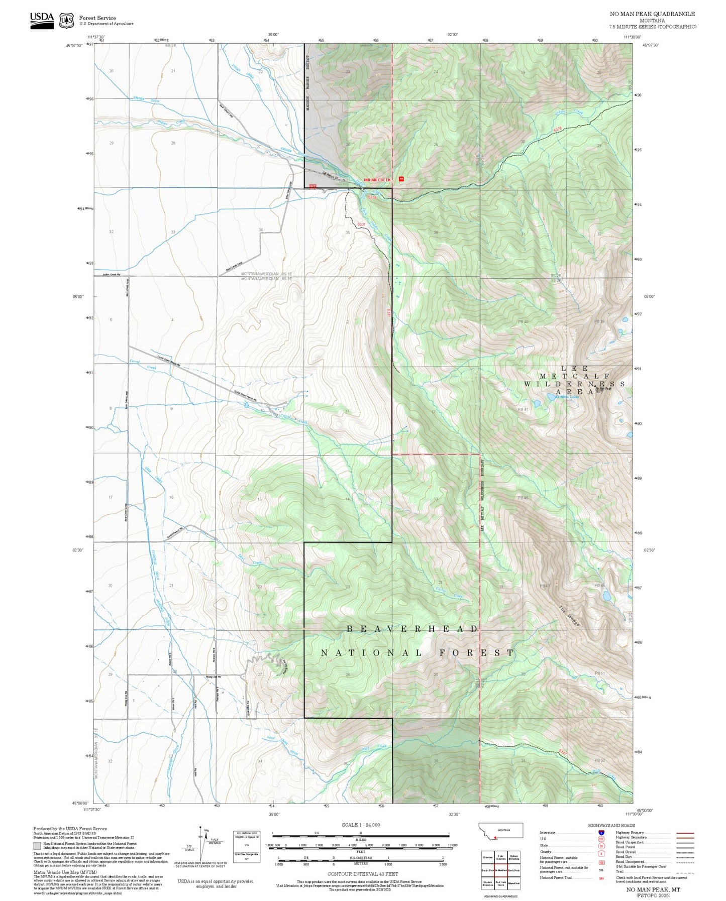 2025 Forest Service Topo Map of No Man Peak Montana