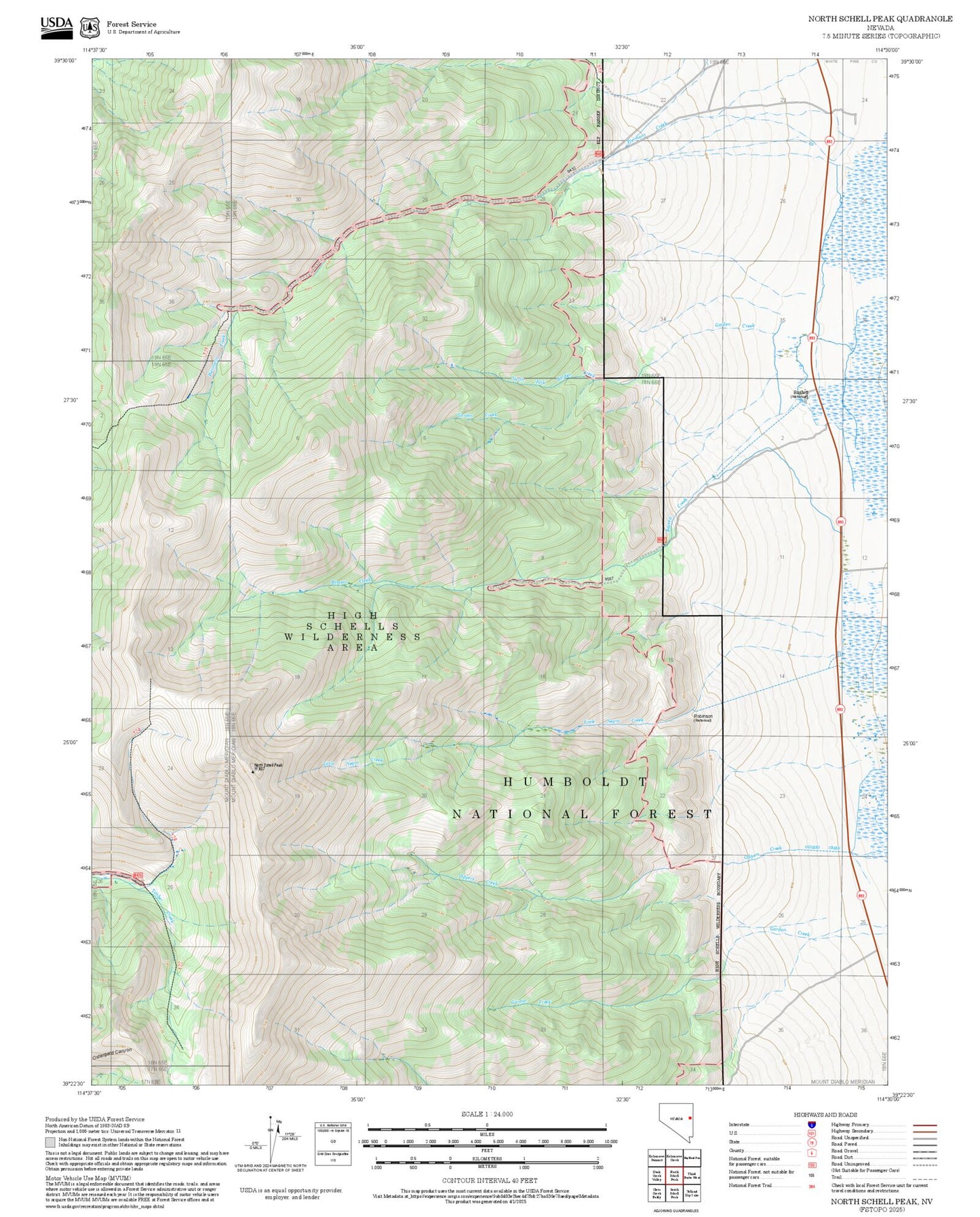 2025 Forest Service Topo Map of North Schell Peak Nevada