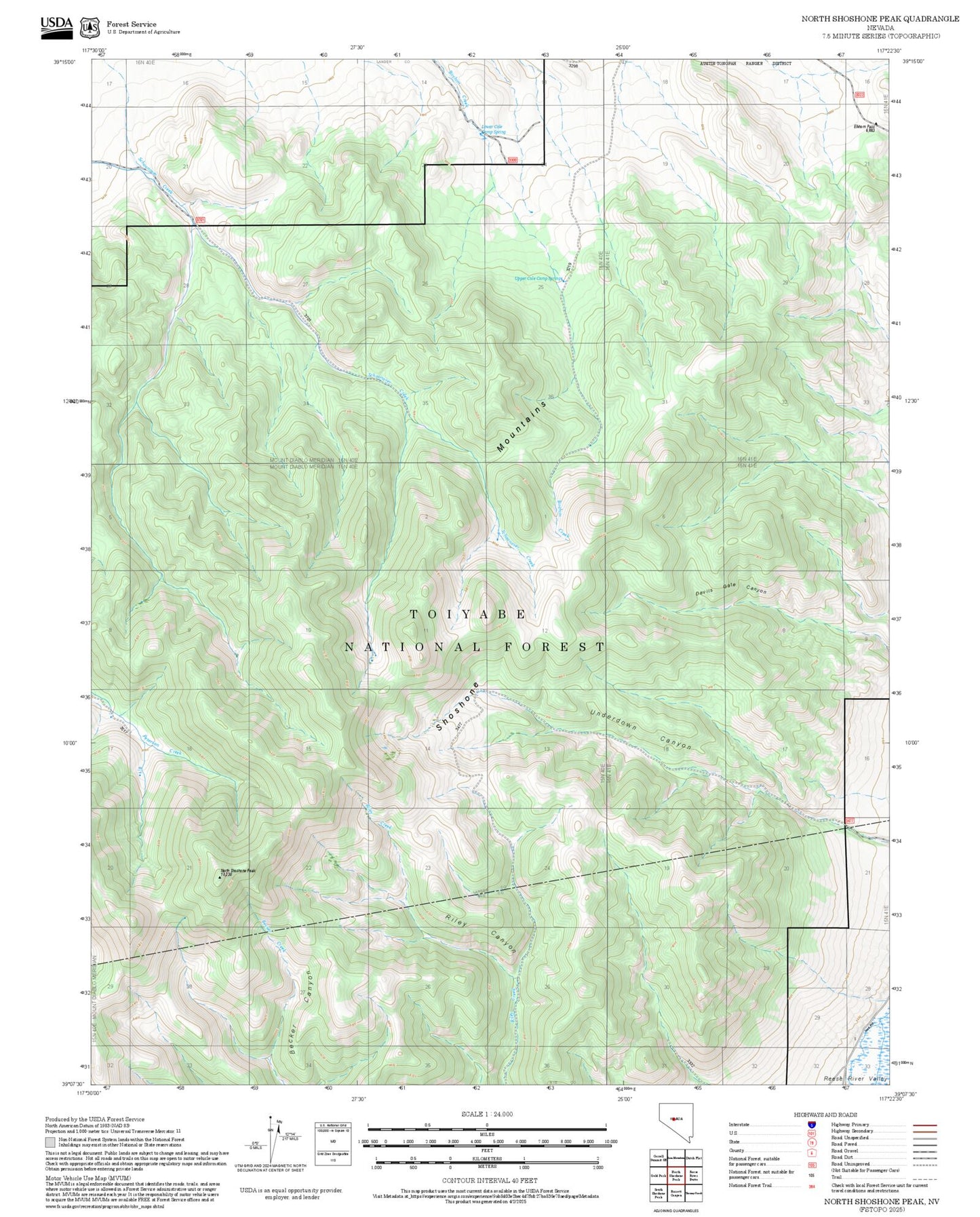 2025 Forest Service Topo Map of North Shoshone Peak Nevada