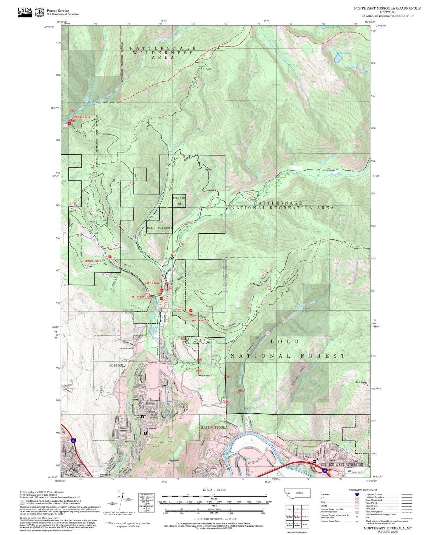 2025 Forest Service Topo Map of Northeast Missoula Montana