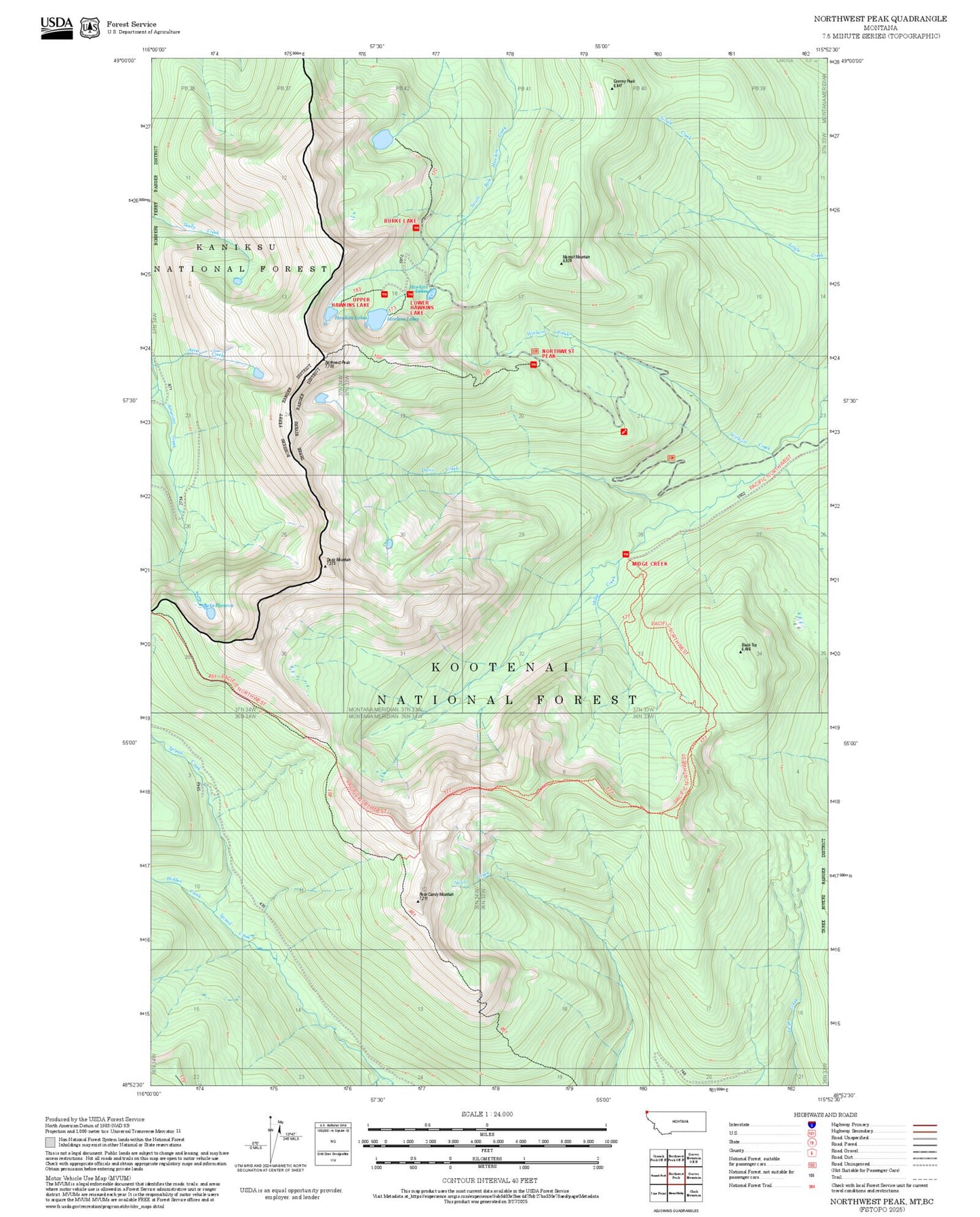 2025 Forest Service Topo Map of Northwest Peak Montana