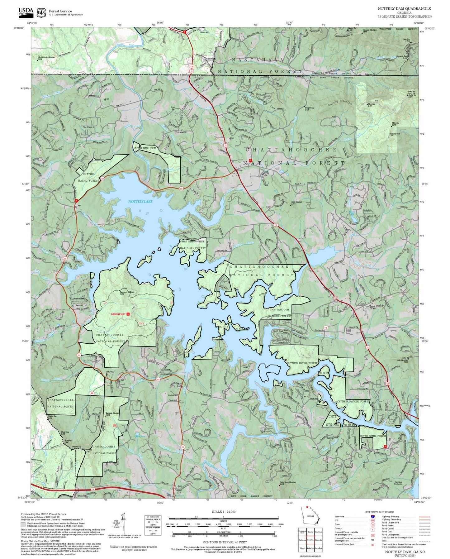 2025 Forest Service Topo Map of Nottely Dam Georgia