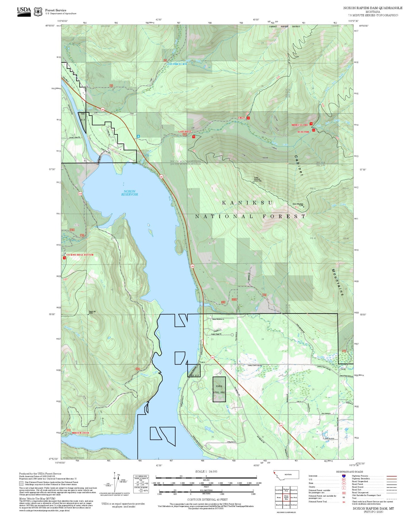 2025 Forest Service Topo Map of Noxon Rapids Dam Montana