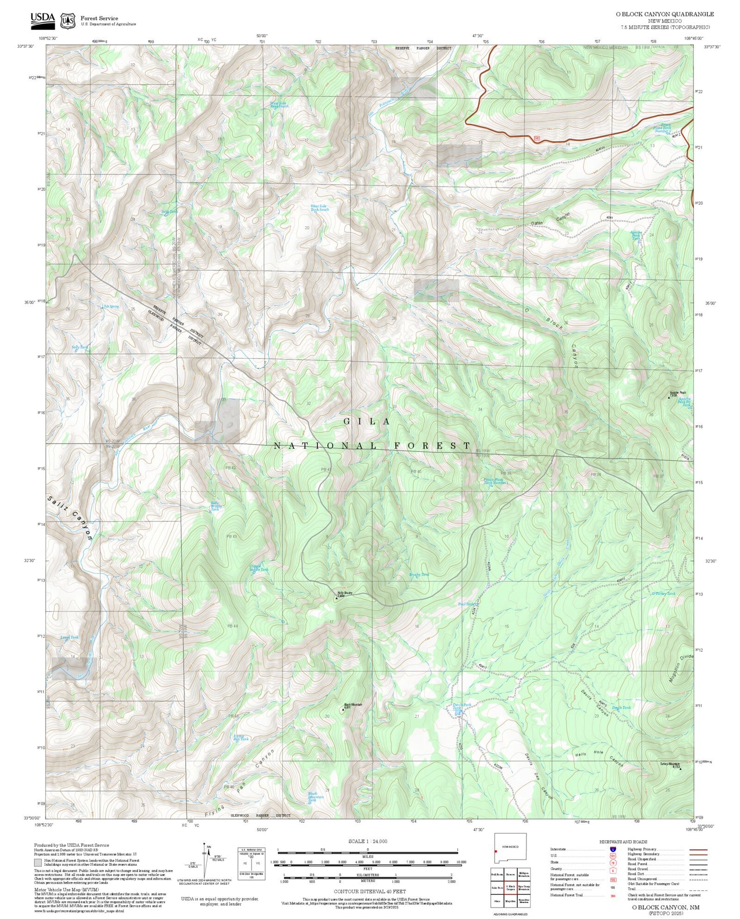 2025 Forest Service Topo Map of O Block Canyon New Mexico