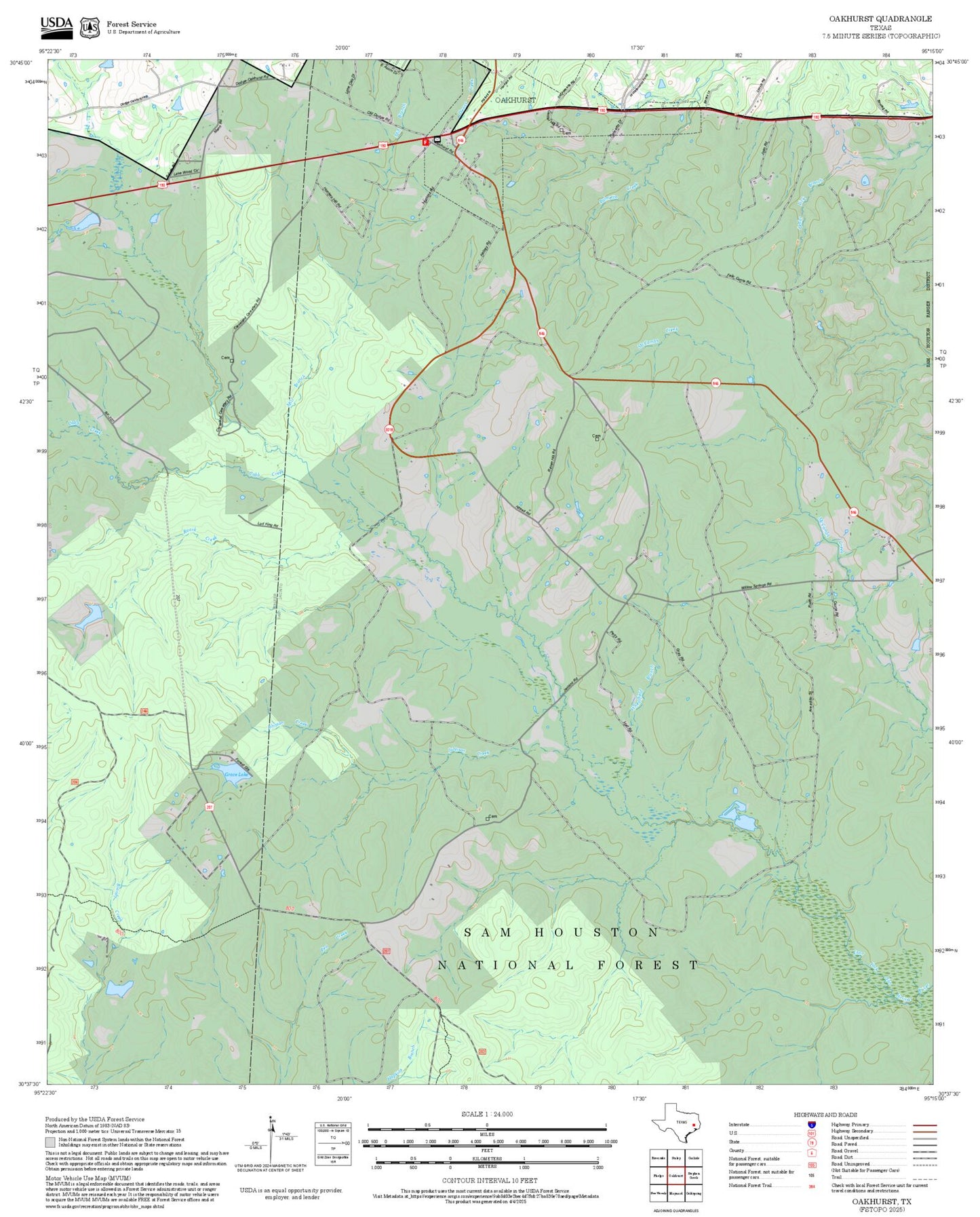 2025 Forest Service Topo Map of Oakhurst Texas