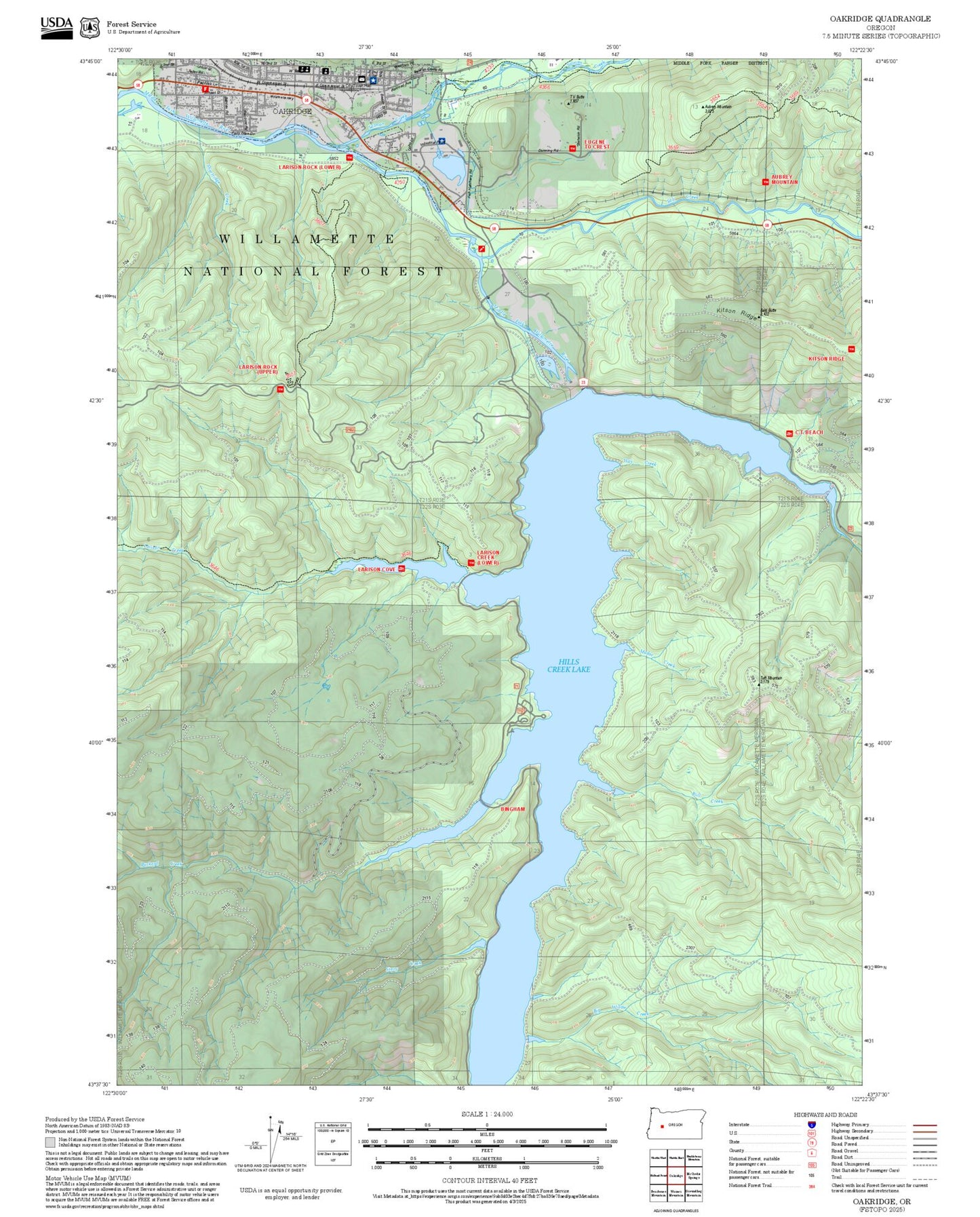 2025 Forest Service Topo Map of Oakridge Oregon