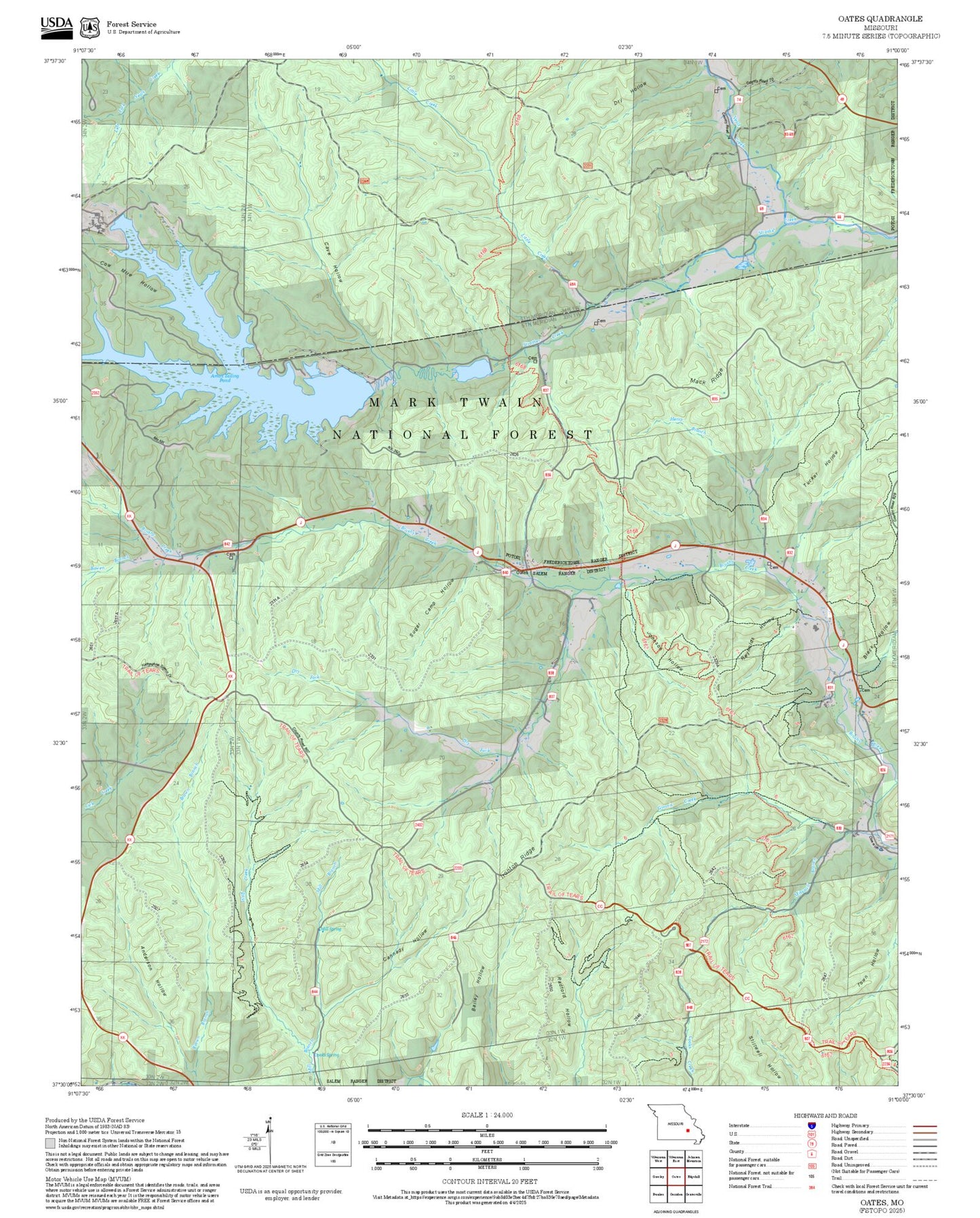 2025 Forest Service Topo Map of Oates Missouri