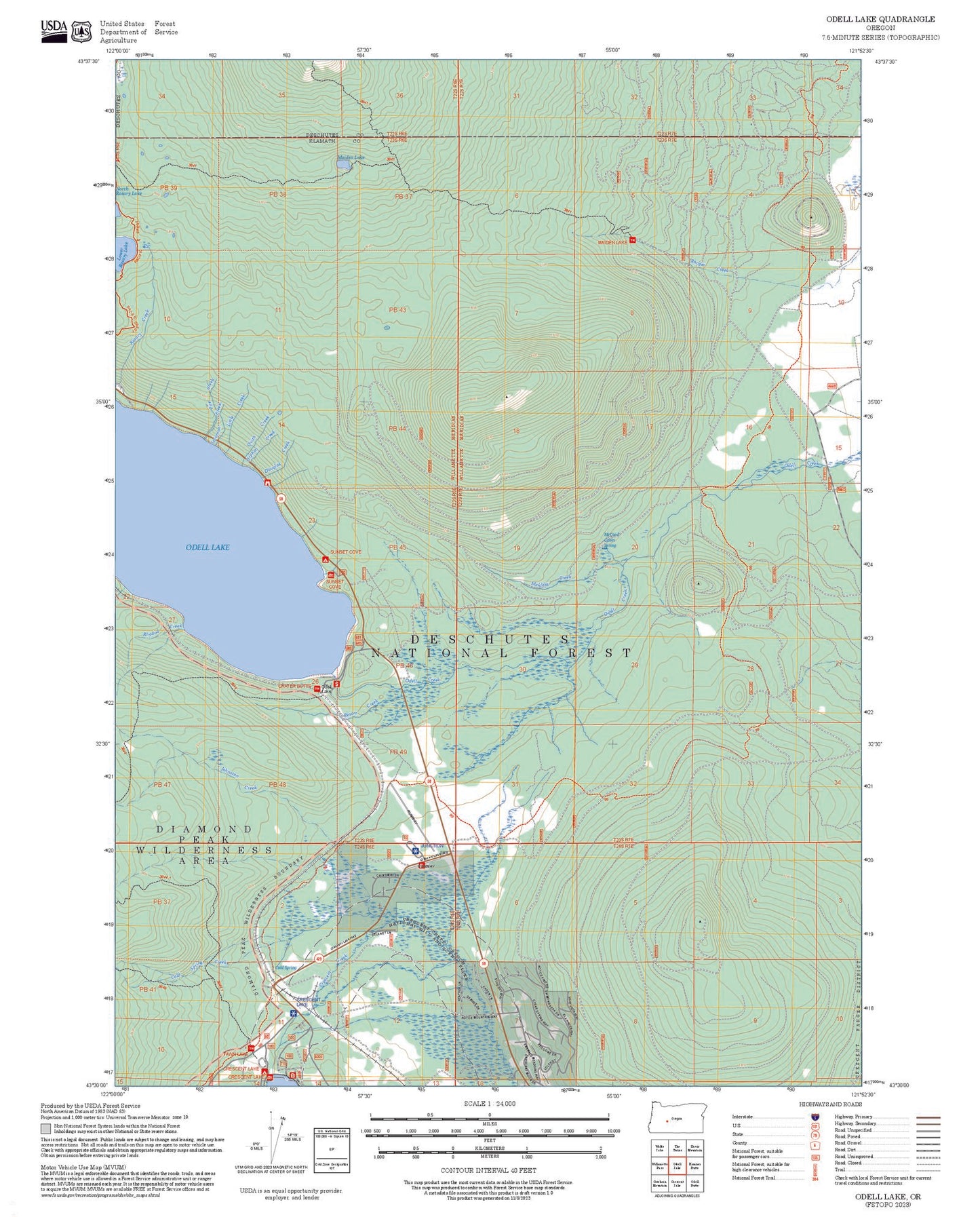 2025 Forest Service Topo Map of Odell Lake Oregon