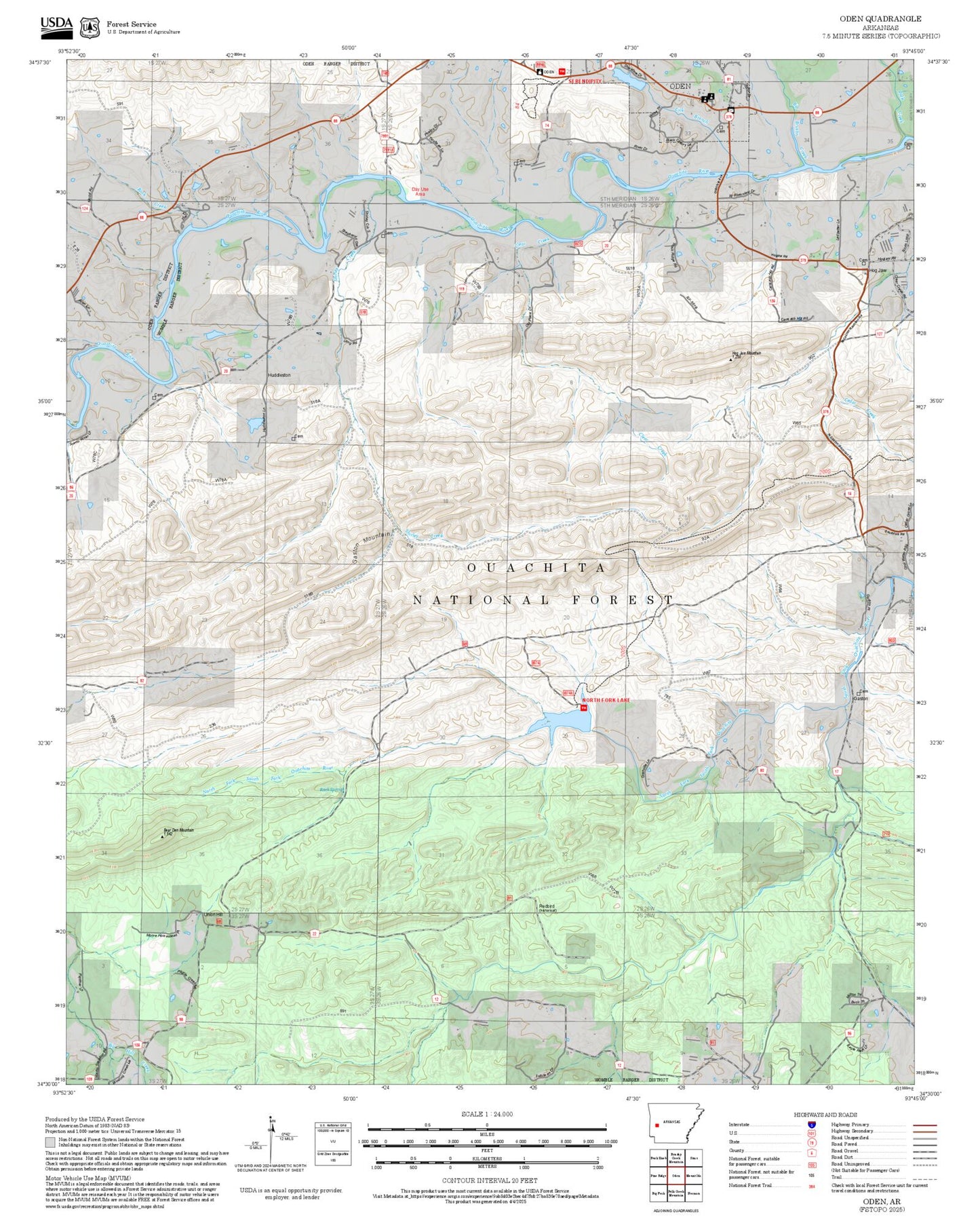 2025 Forest Service Topo Map of Oden Arkansas