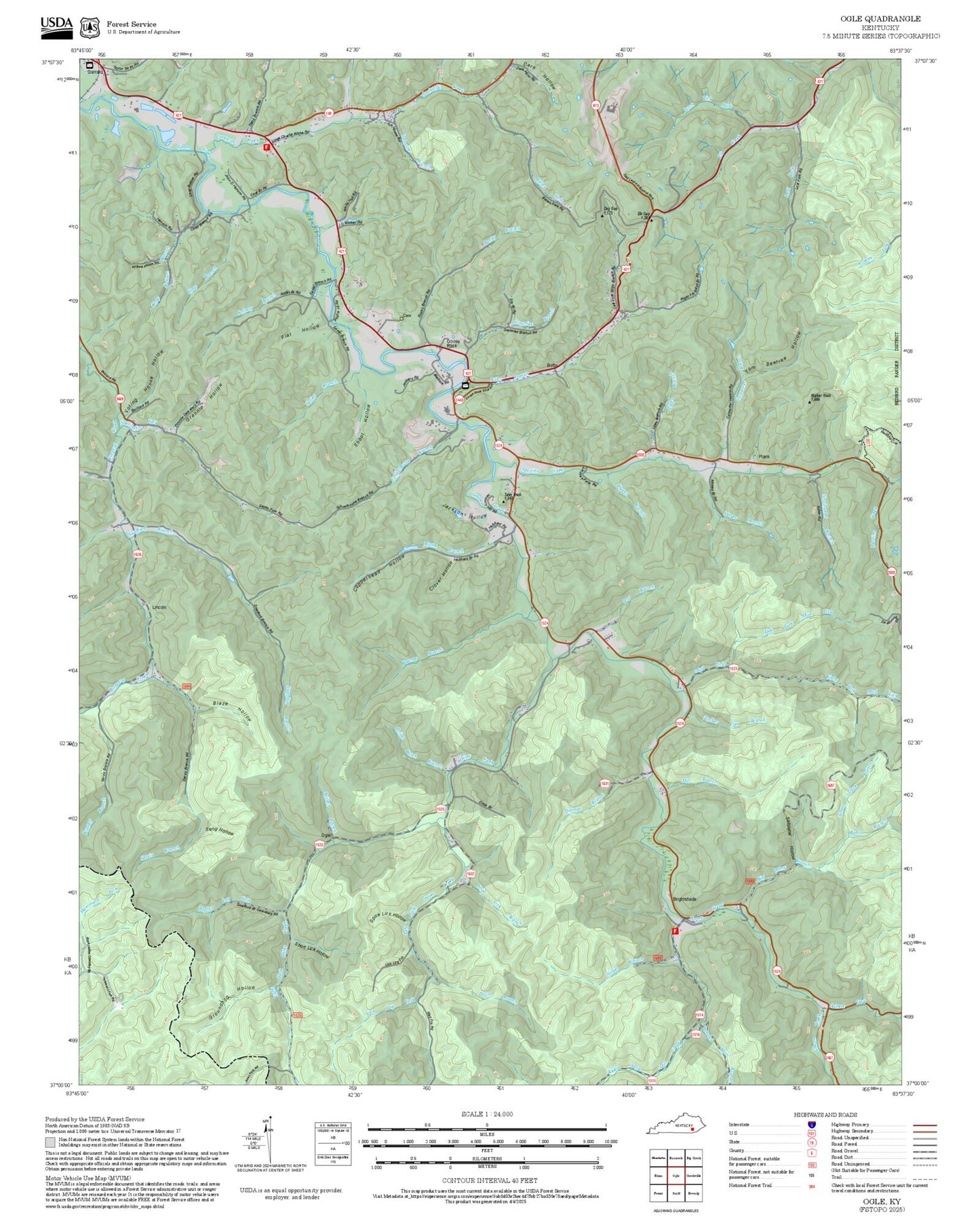 2025 Forest Service Topo Map of Ogle Kentucky