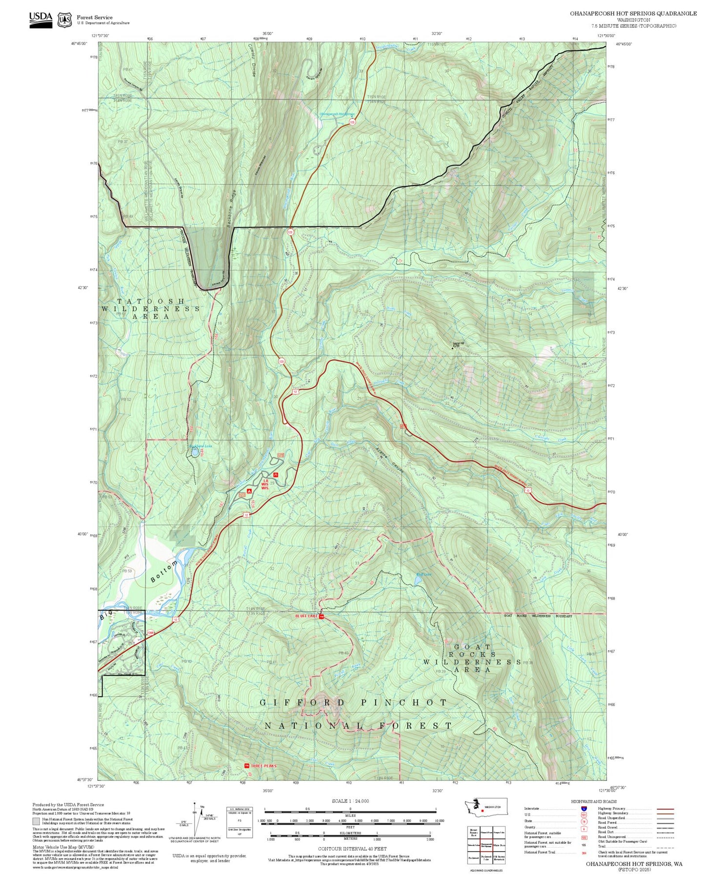 2025 Forest Service Topo Map of Ohanapecosh Hot Springs Washington