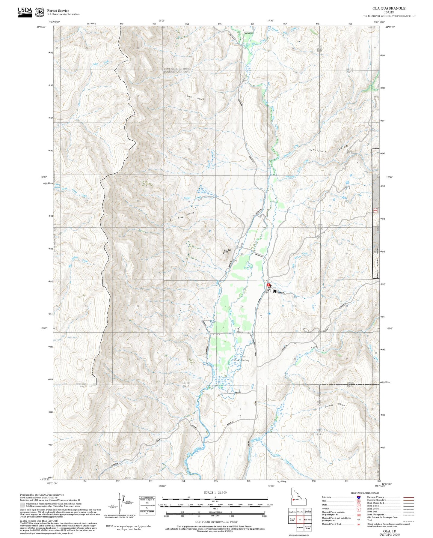 2025 Forest Service Topo Map of Ola Idaho