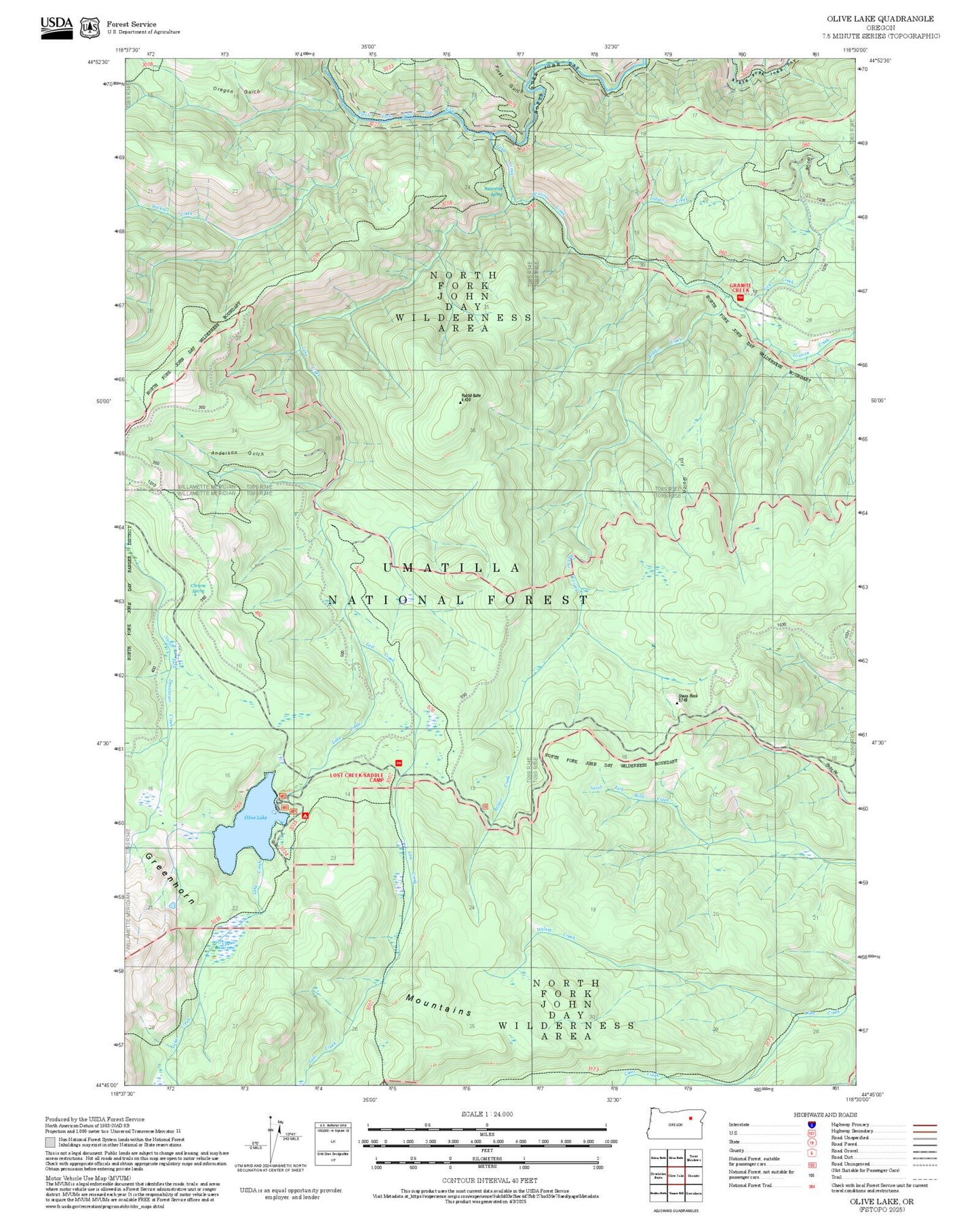 2025 Forest Service Topo Map of Olive Lake Oregon