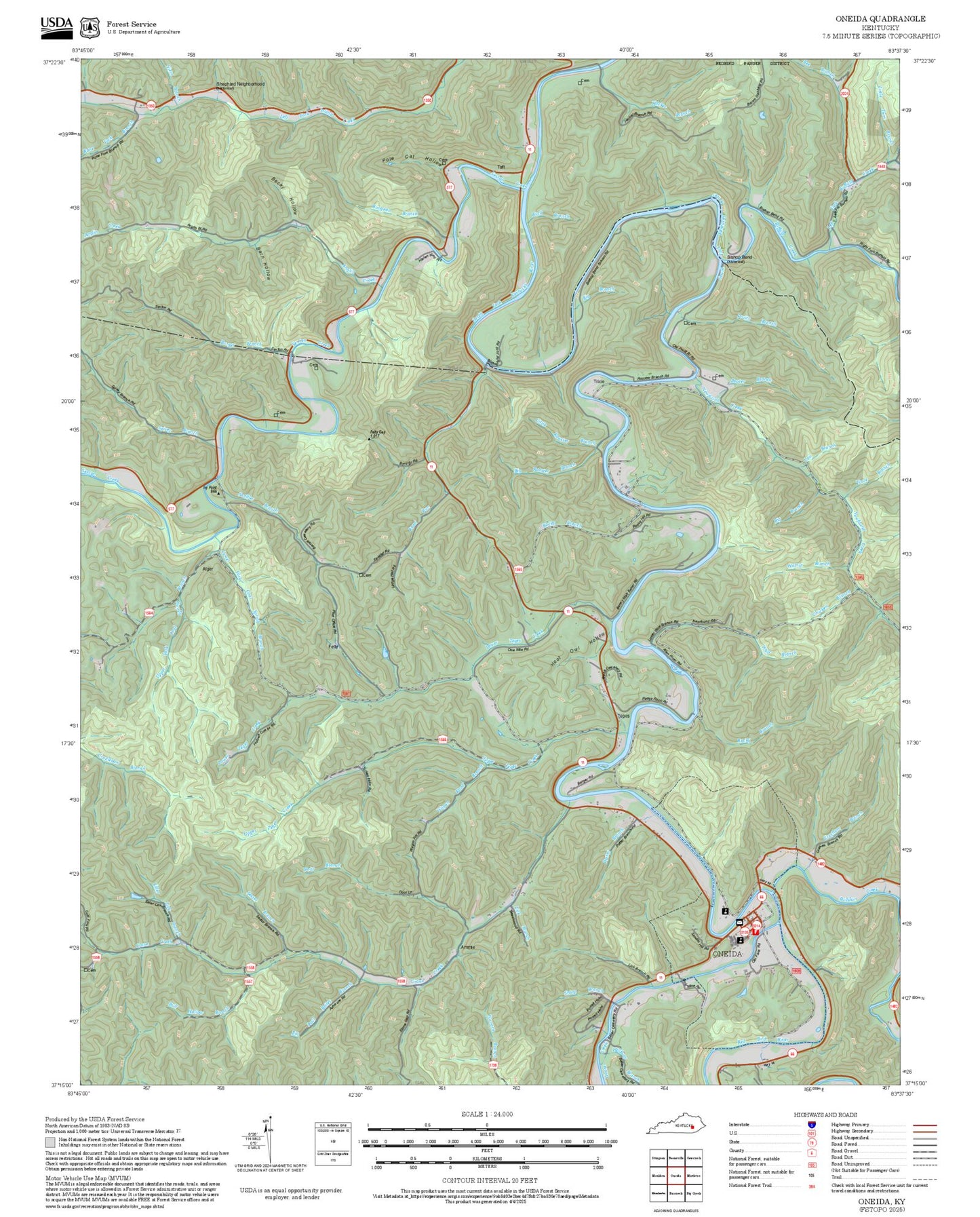 2025 Forest Service Topo Map of Oneida Kentucky