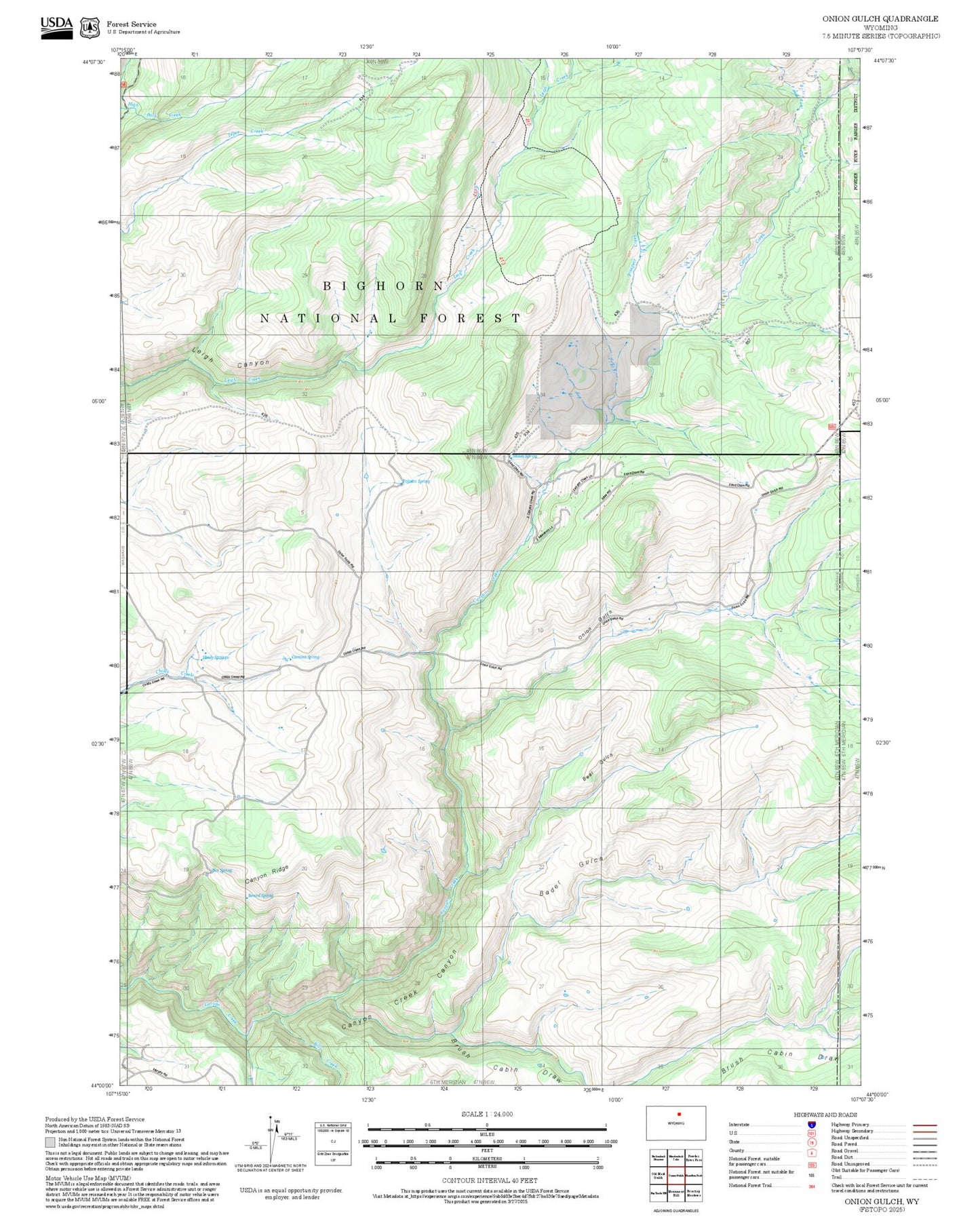 2025 Forest Service Topo Map of Onion Gulch Wyoming