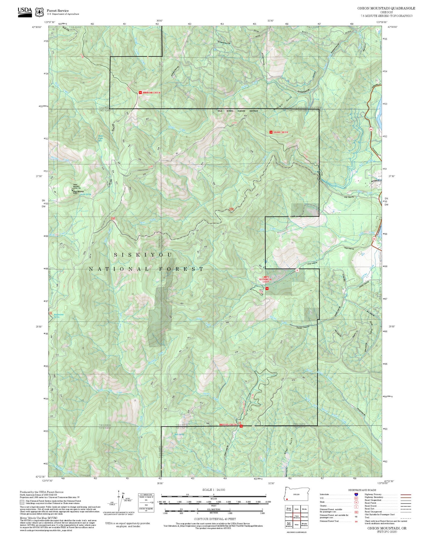 2025 Forest Service Topo Map of Onion Mountain Oregon