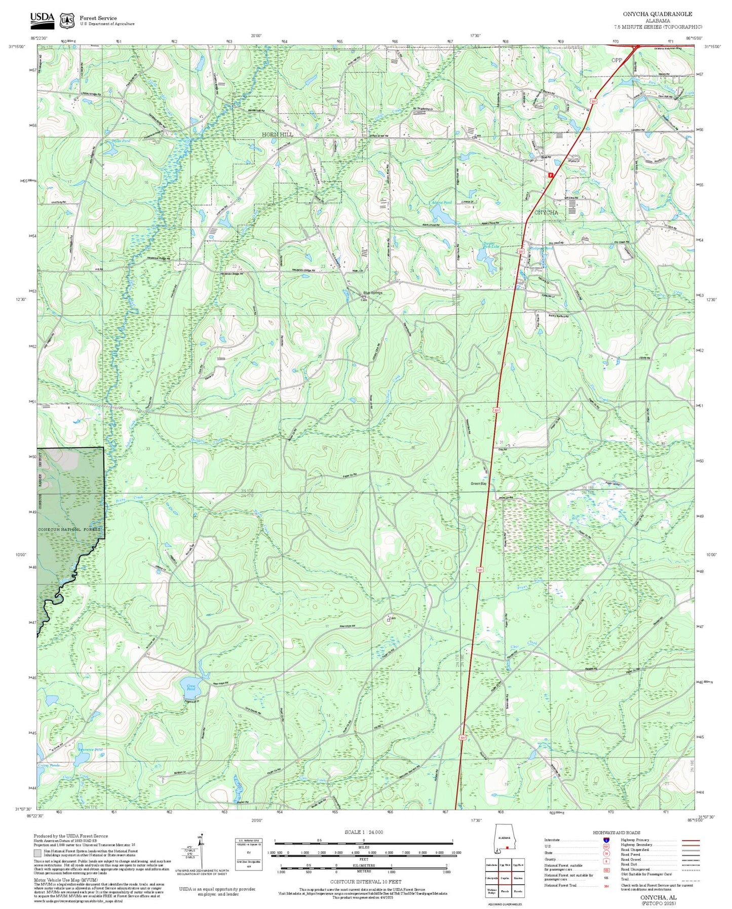2025 Forest Service Topo Map of Onycha Alabama