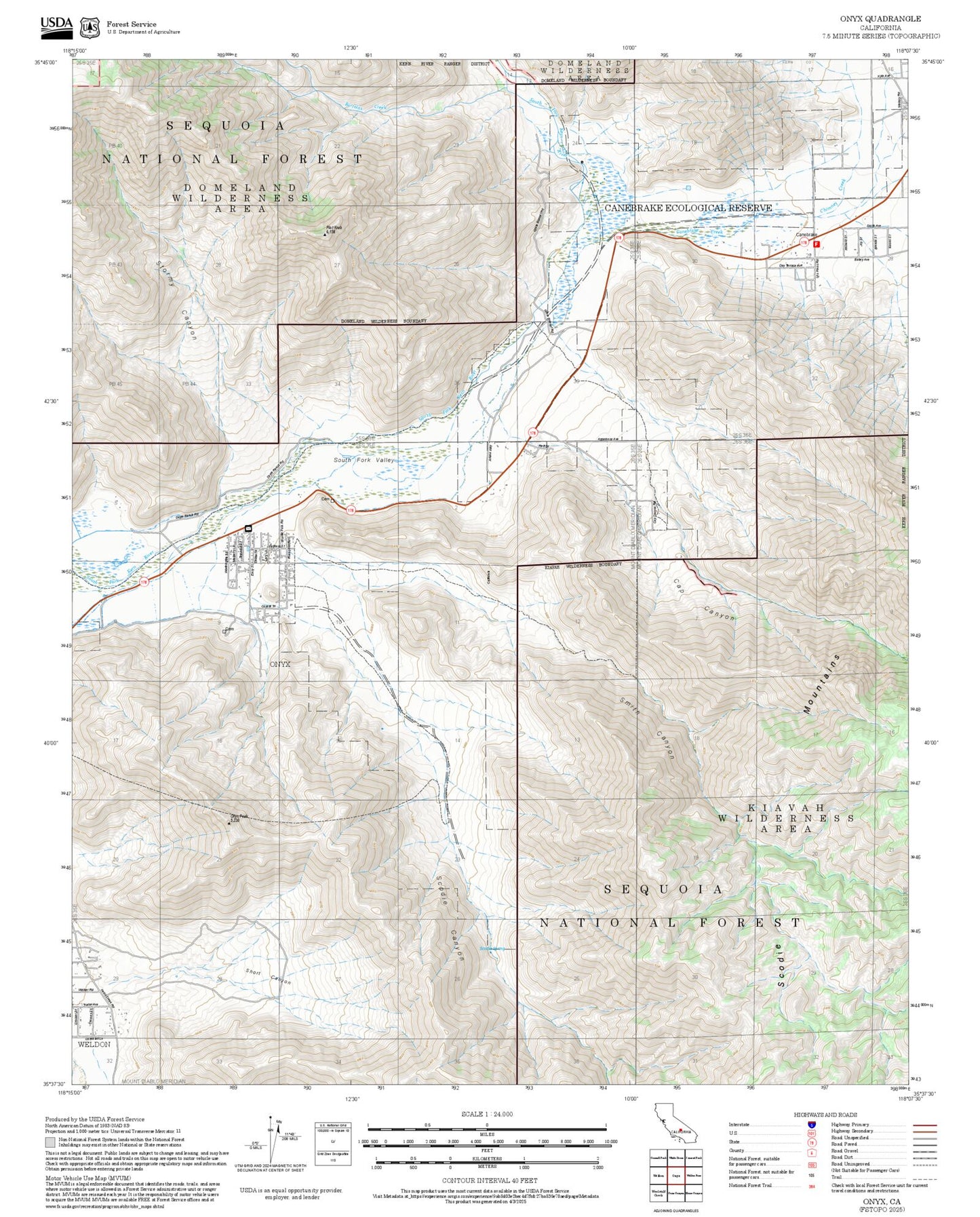2025 Forest Service Topo Map of Onyx California