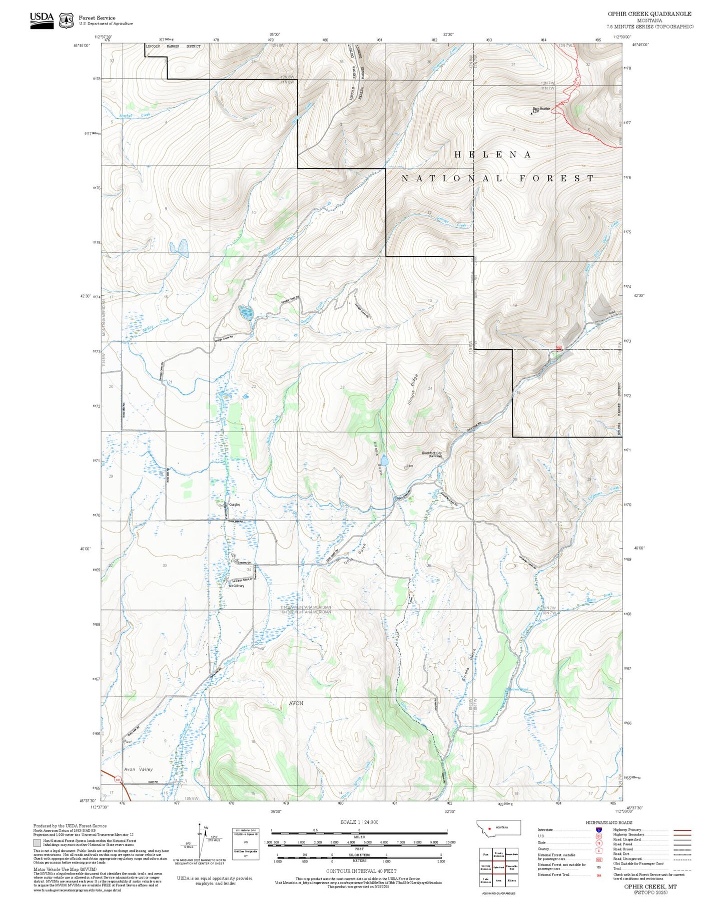 2025 Forest Service Topo Map of Ophir Creek Montana