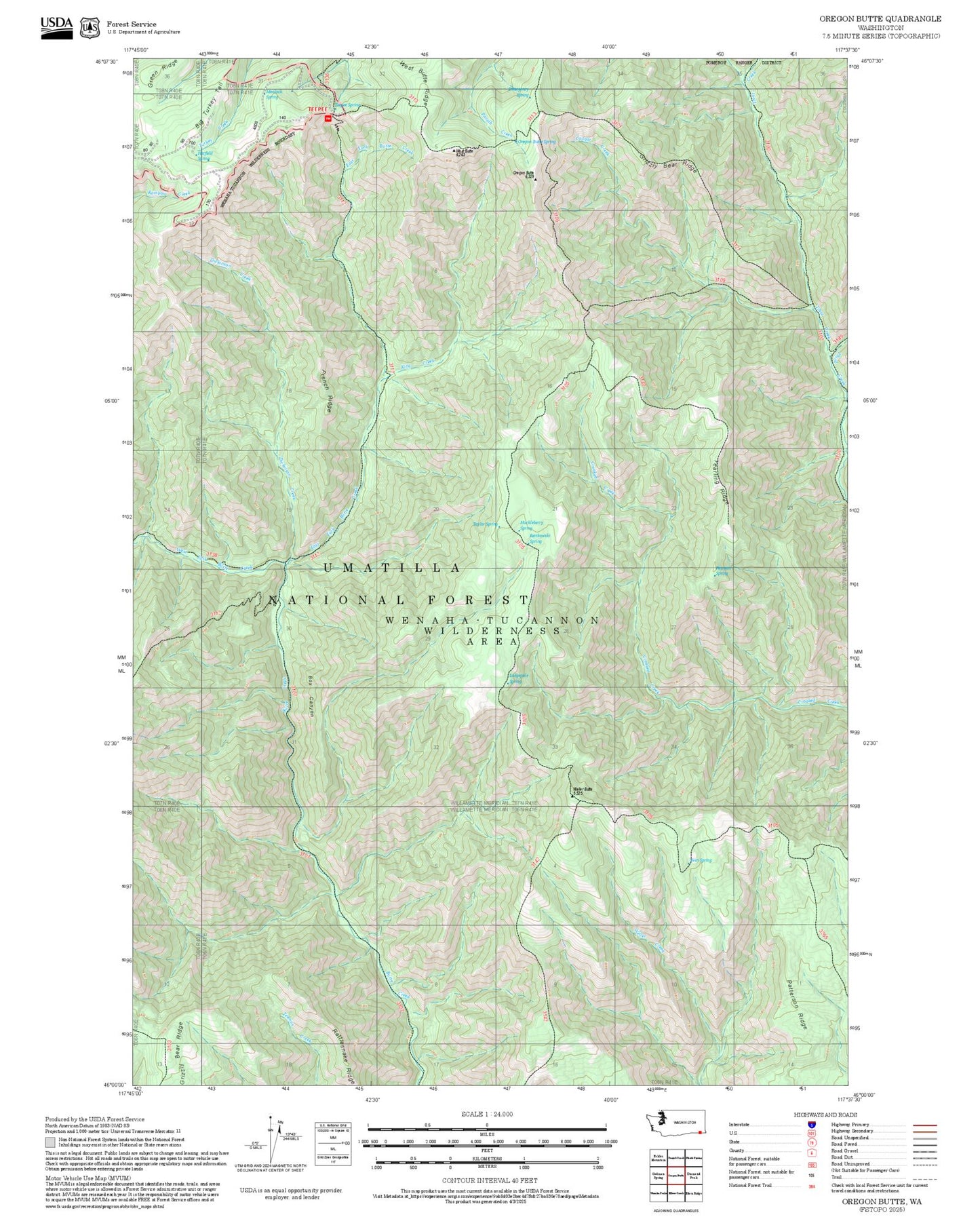 2025 Forest Service Topo Map of Oregon Butte Washington