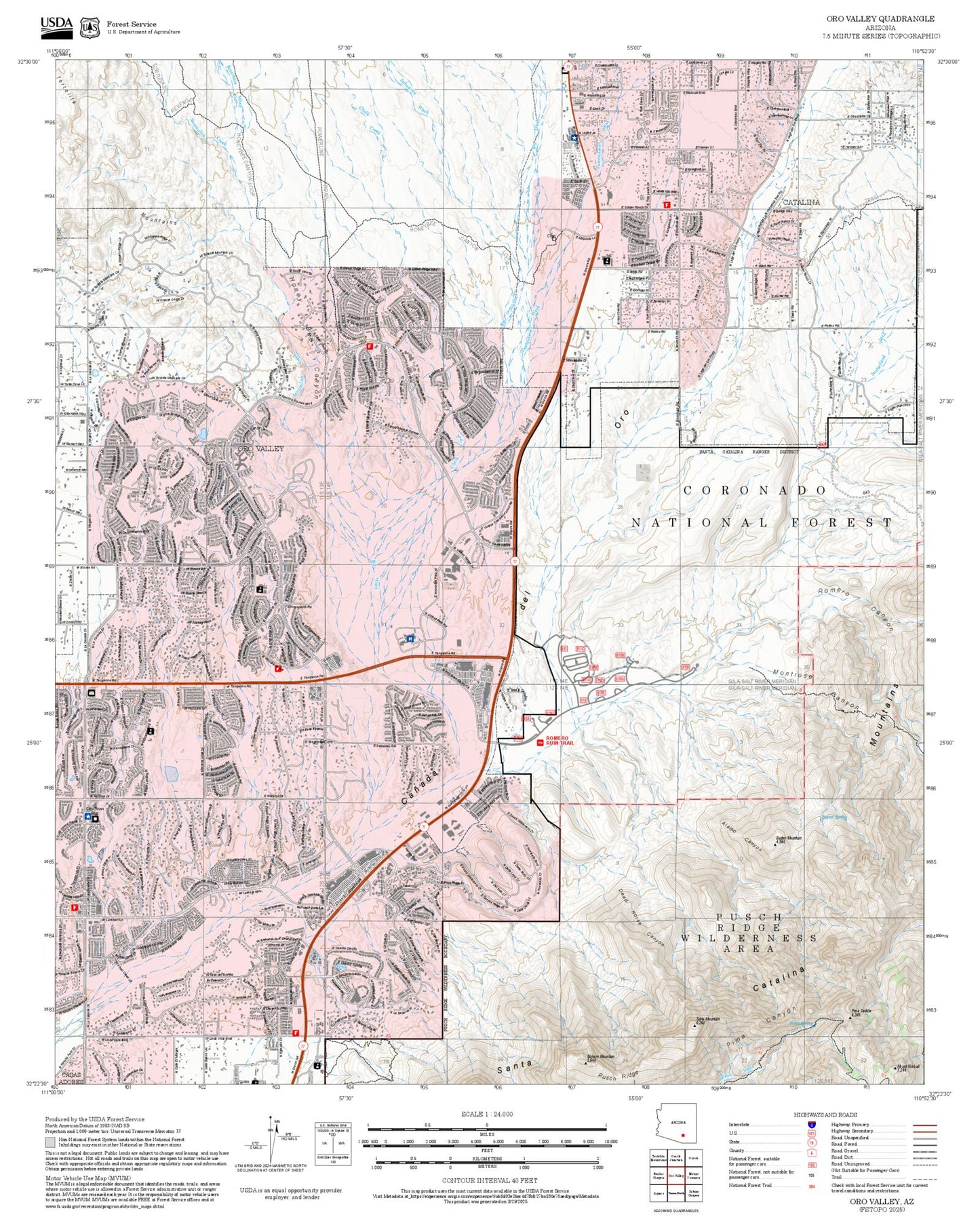 2025 Forest Service Topo Map of Oro Valley Arizona