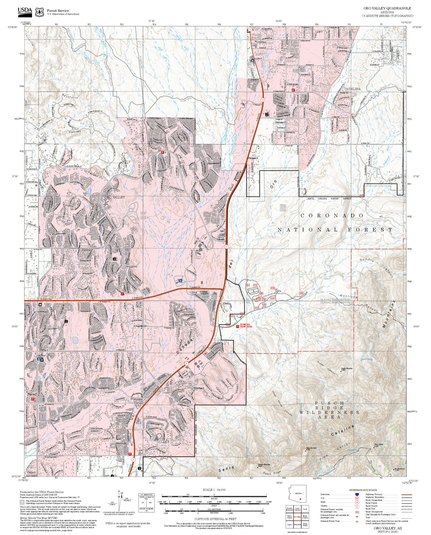2025 Forest Service Topo Map of Oro Valley Arizona