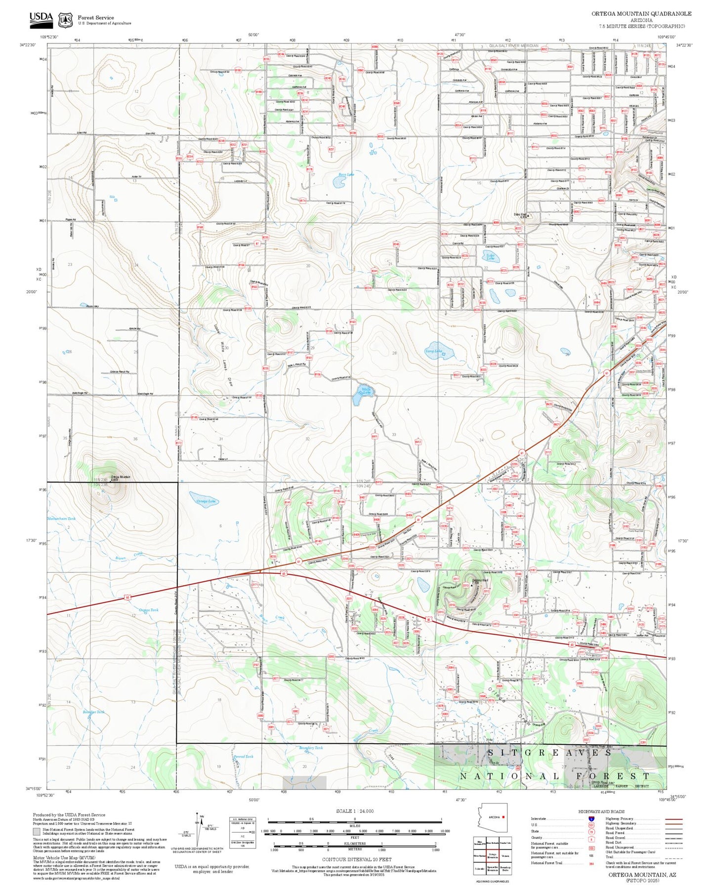 2025 Forest Service Topo Map of Ortega Mountain Arizona