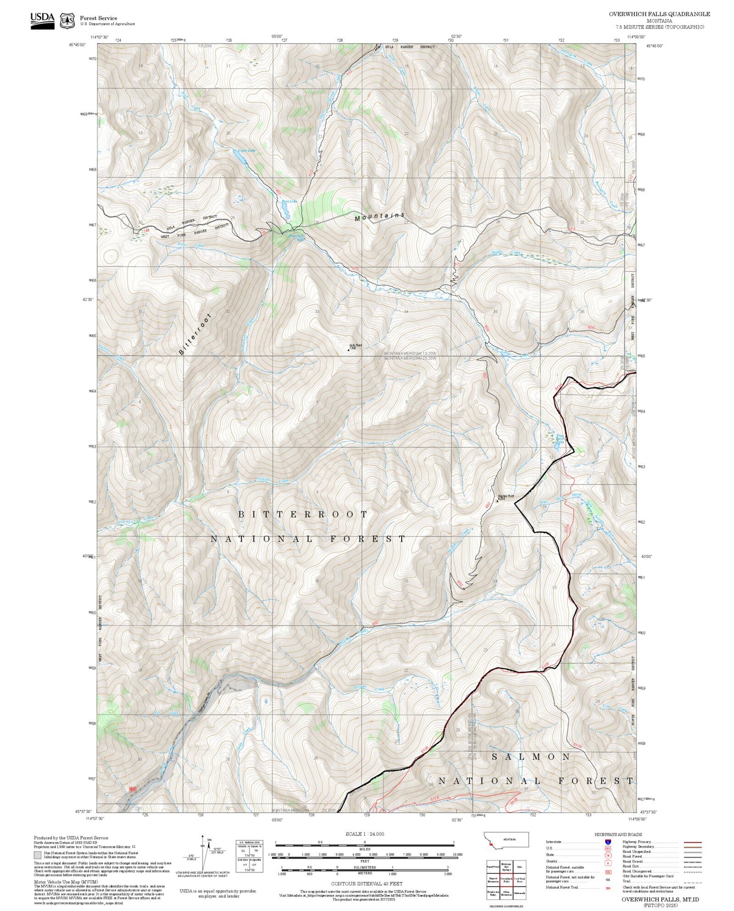 2025 Forest Service Topo Map of Overwhich Falls Montana