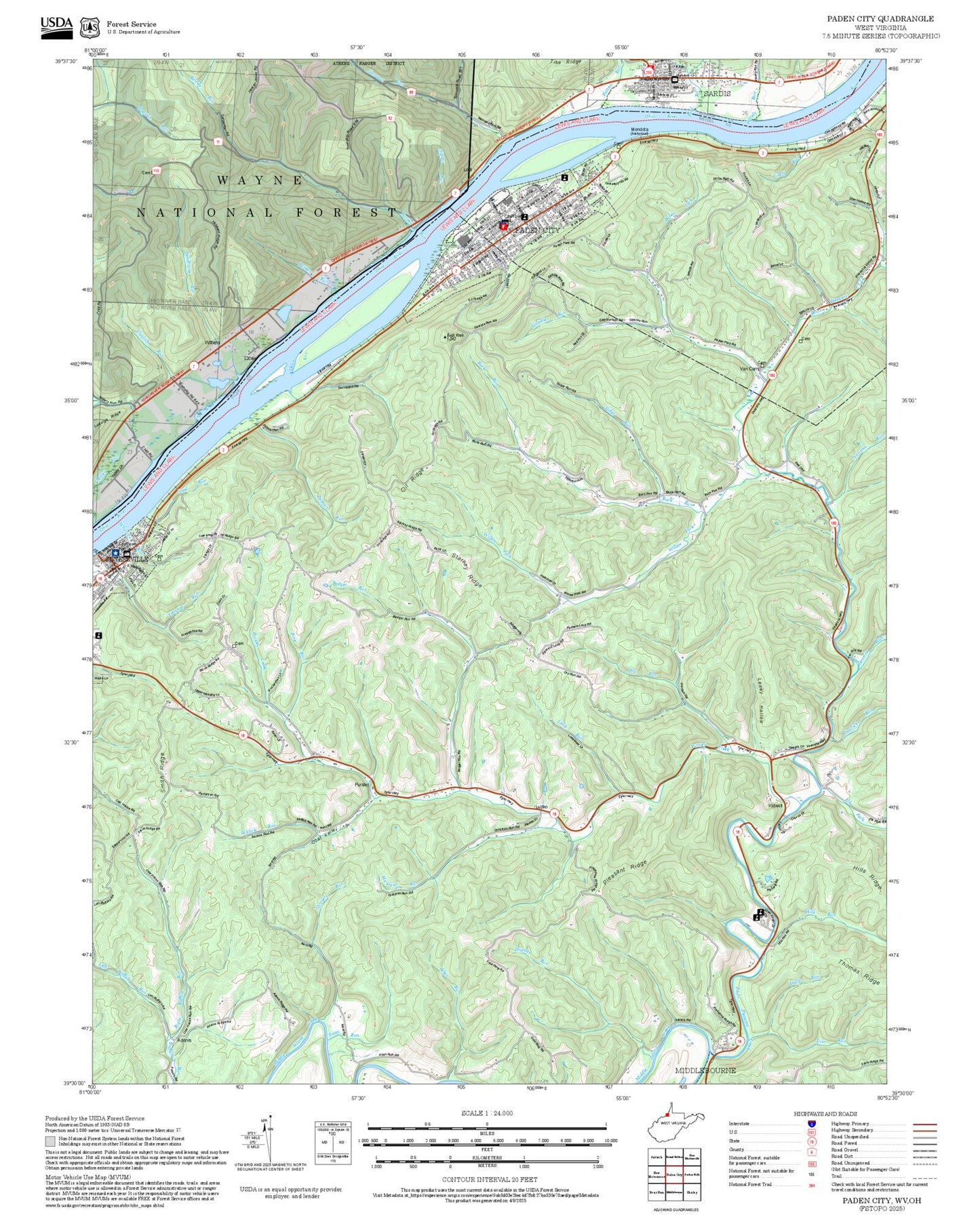 2025 Forest Service Topo Map of Paden City West Virginia