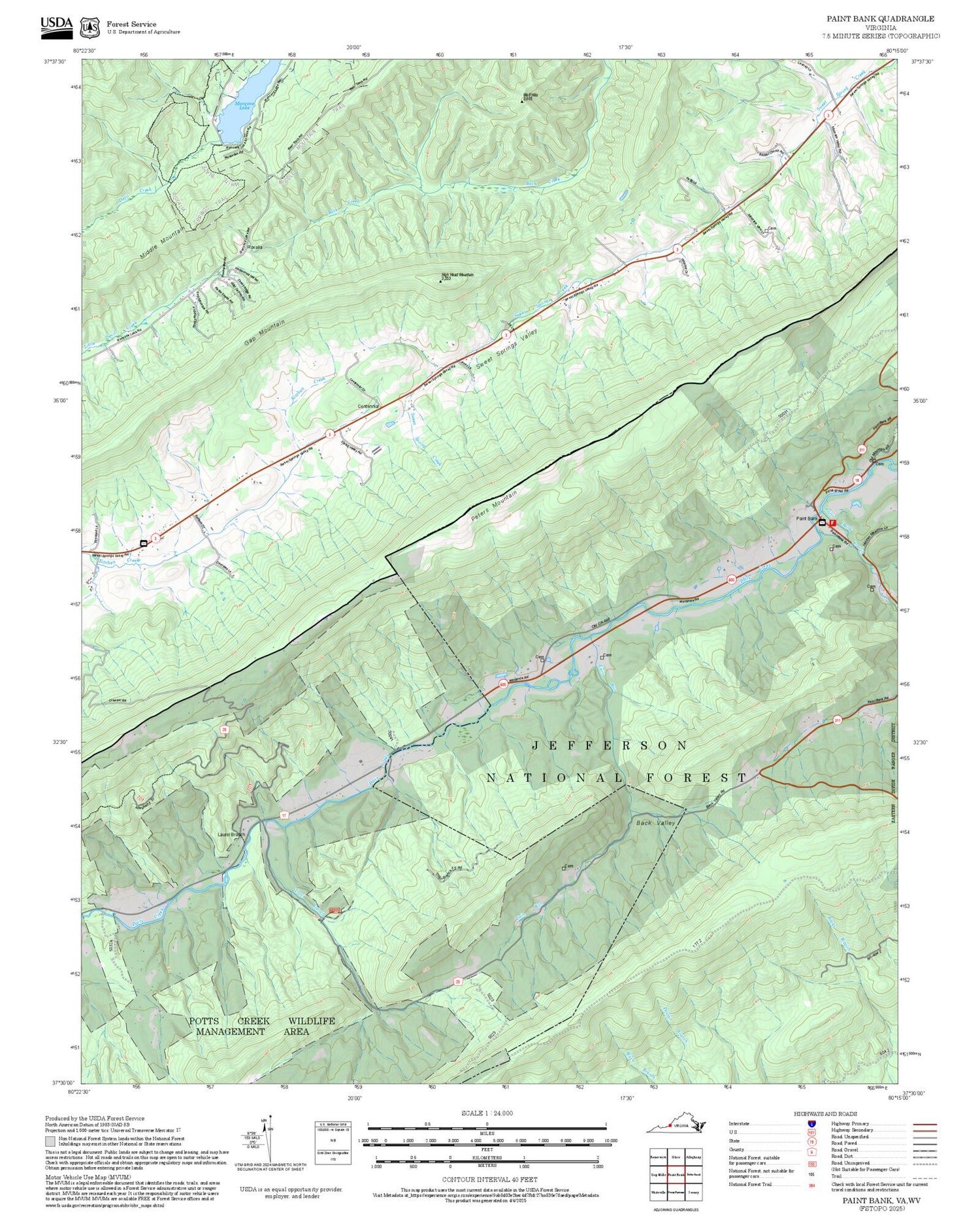 2025 Forest Service Topo Map of Paint Bank Virginia