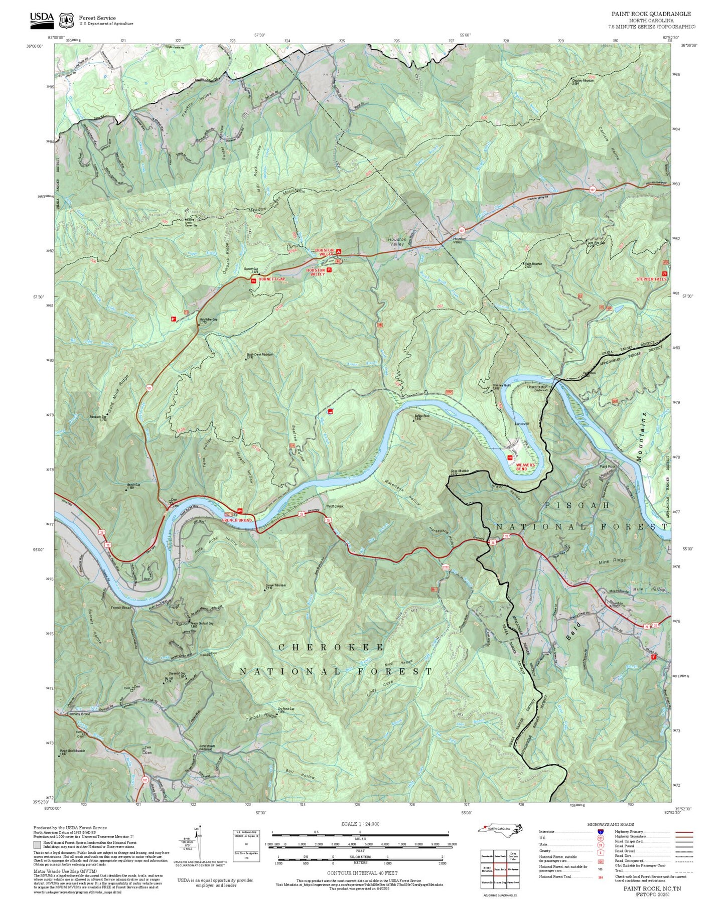 2025 Forest Service Topo Map of Paint Rock North Carolina