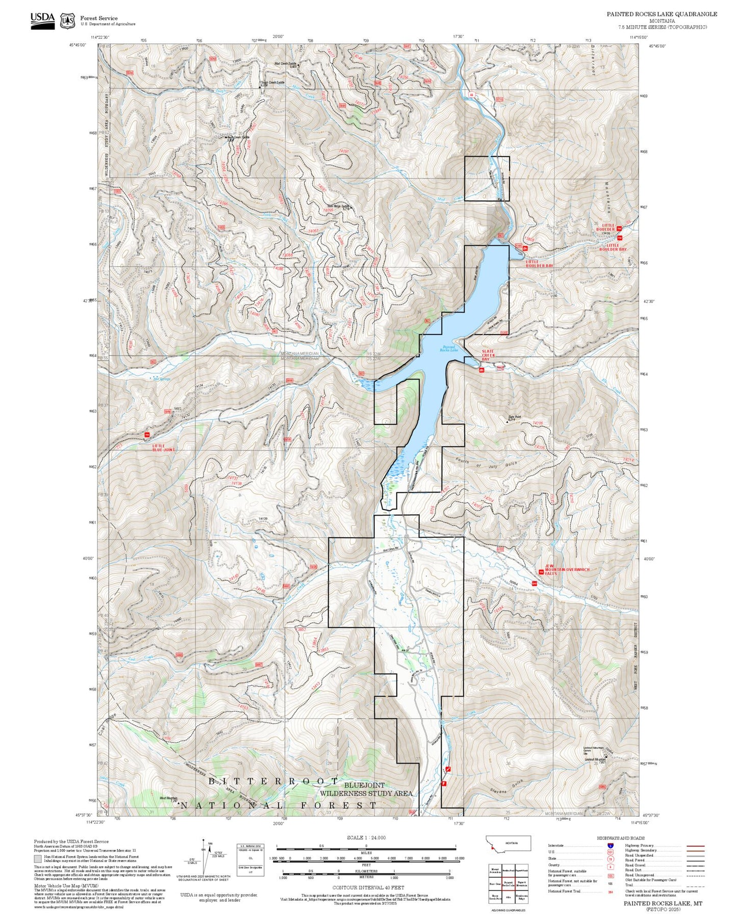 2025 Forest Service Topo Map of Painted Rocks Lake Montana