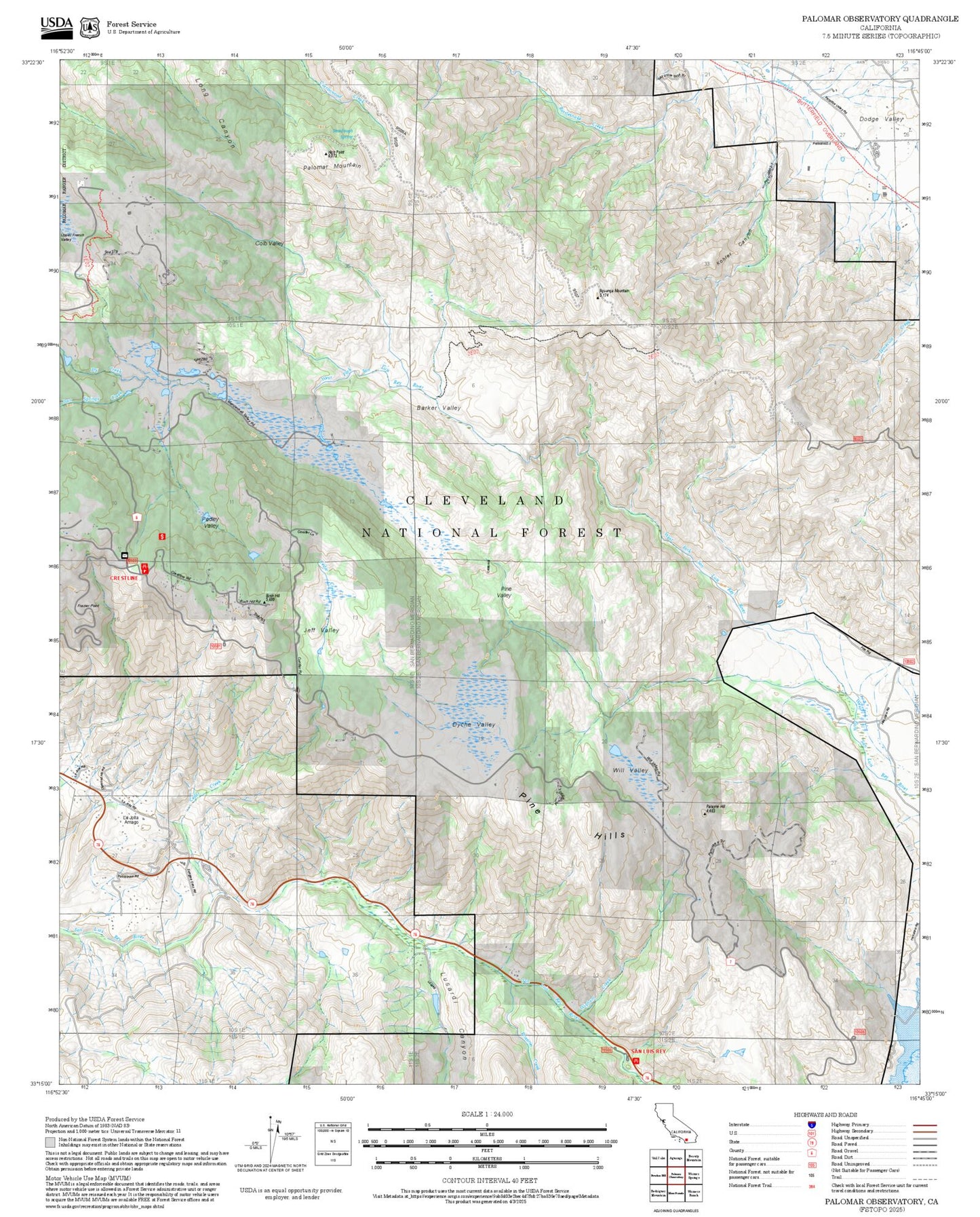 2025 Forest Service Topo Map of Palomar Observatory California