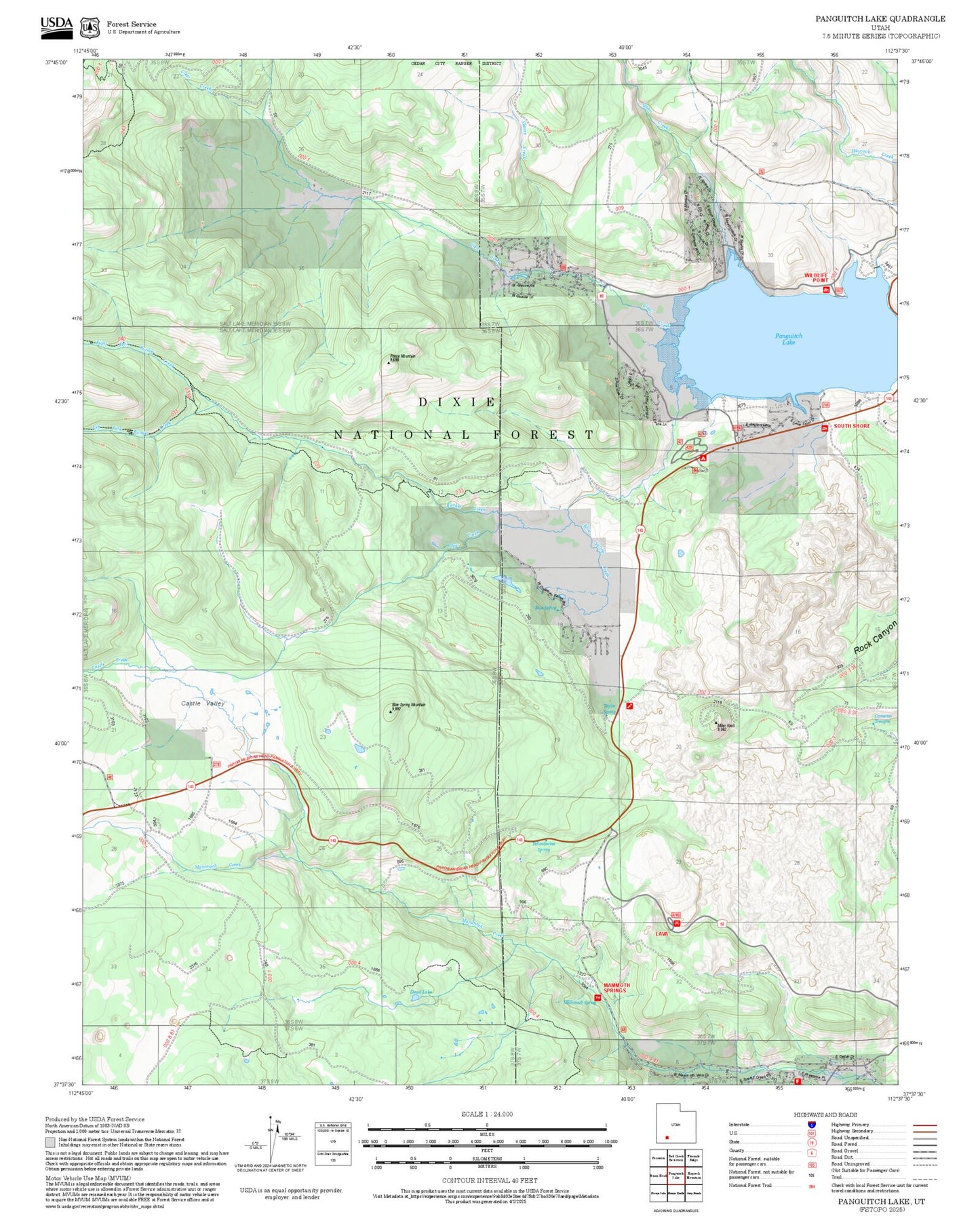 2025 Forest Service Topo Map of Panguitch Lake Utah