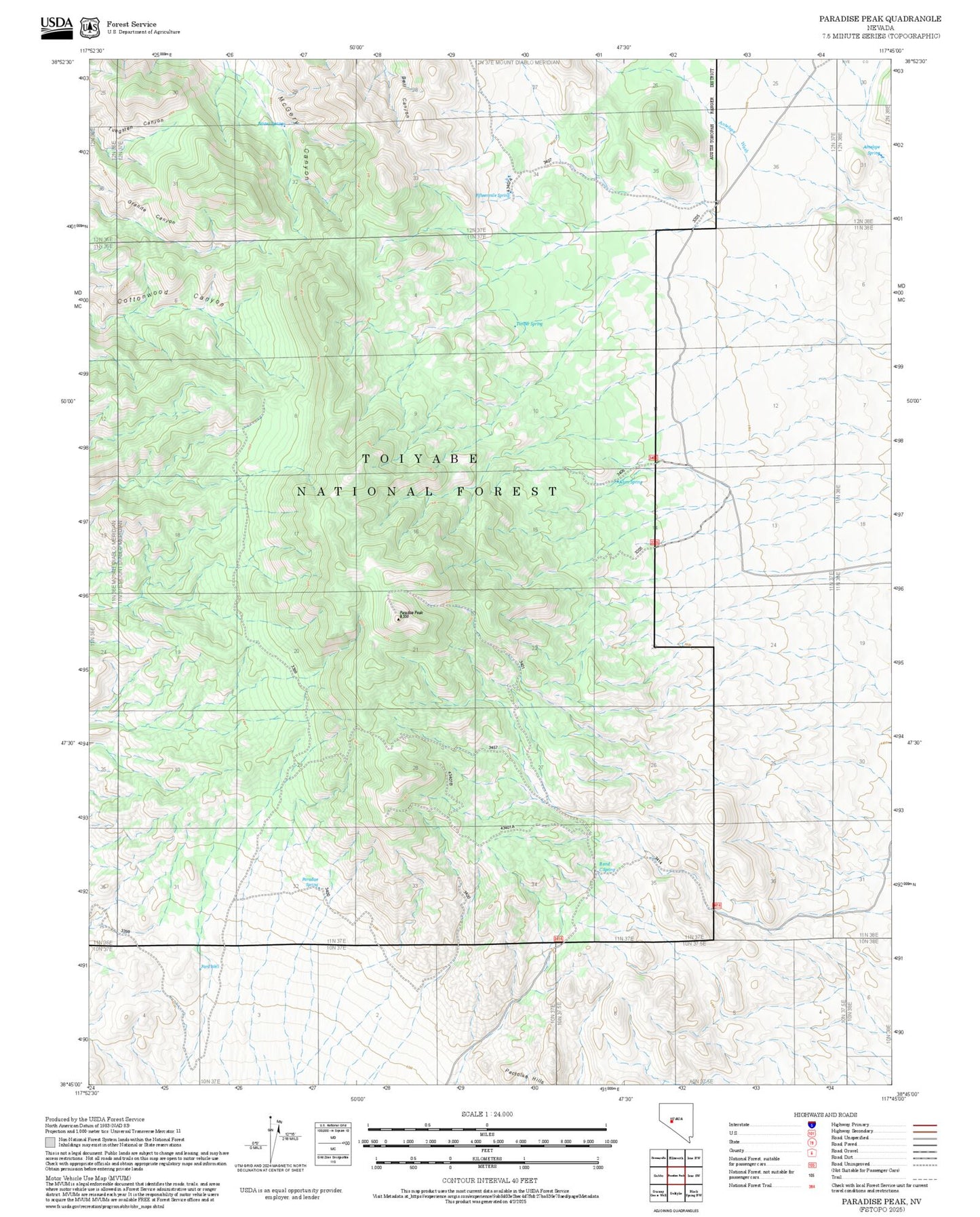 2025 Forest Service Topo Map of Paradise Peak Nevada
