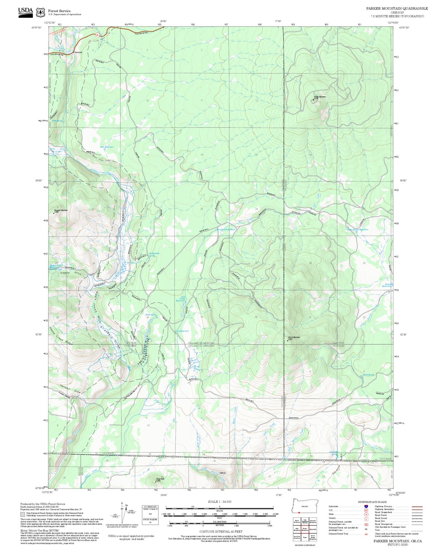 2025 Forest Service Topo Map of Parker Mountain Oregon
