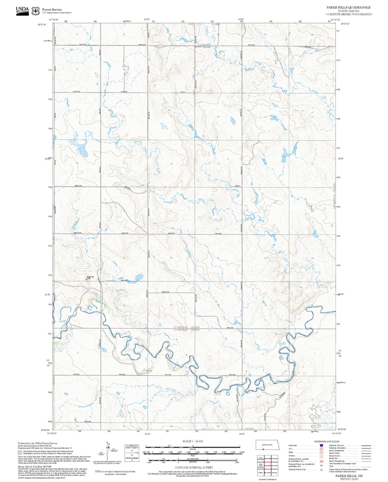 2025 Forest Service Topo Map of Parks Hills North Dakota
