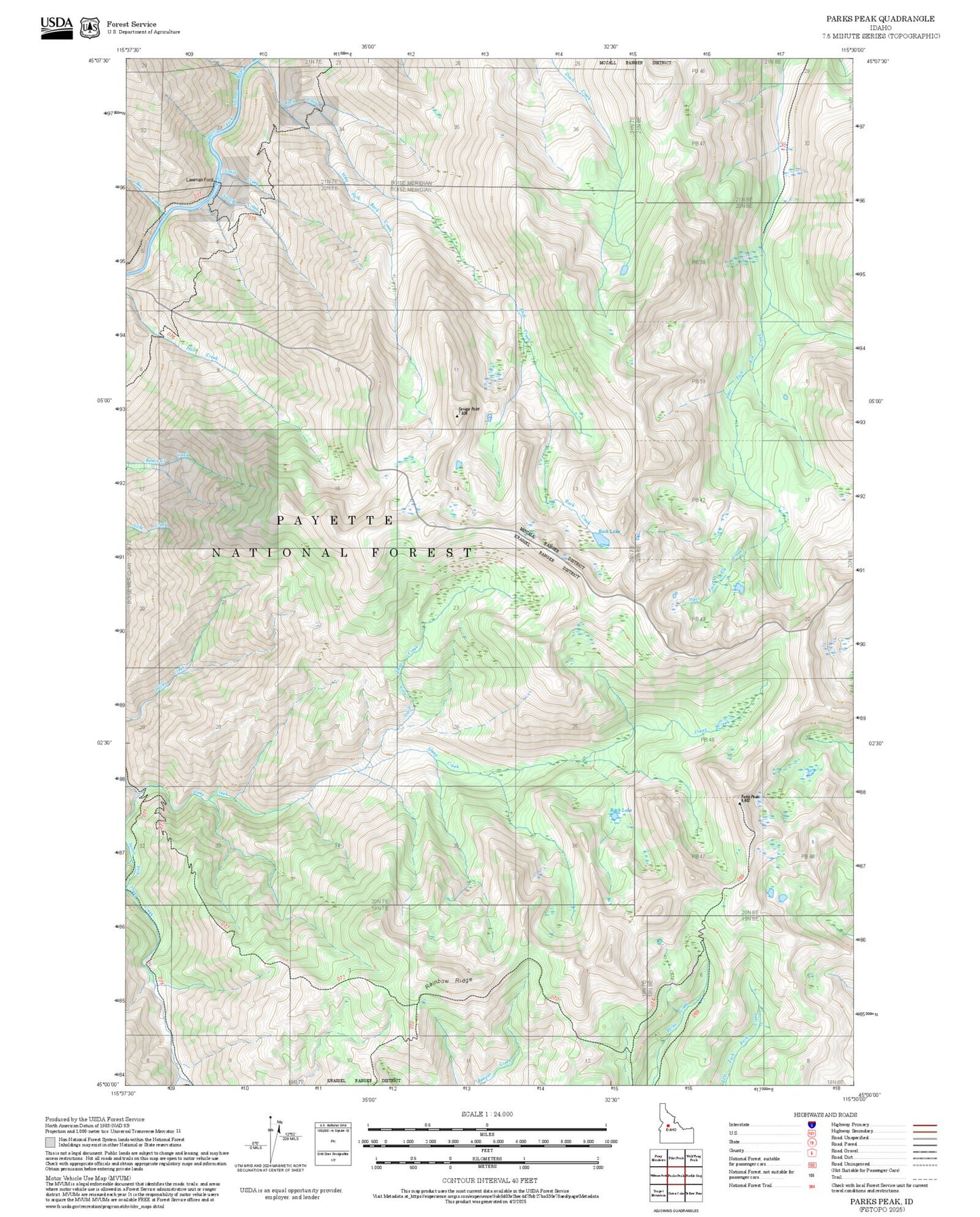 2025 Forest Service Topo Map of Parks Peak Idaho