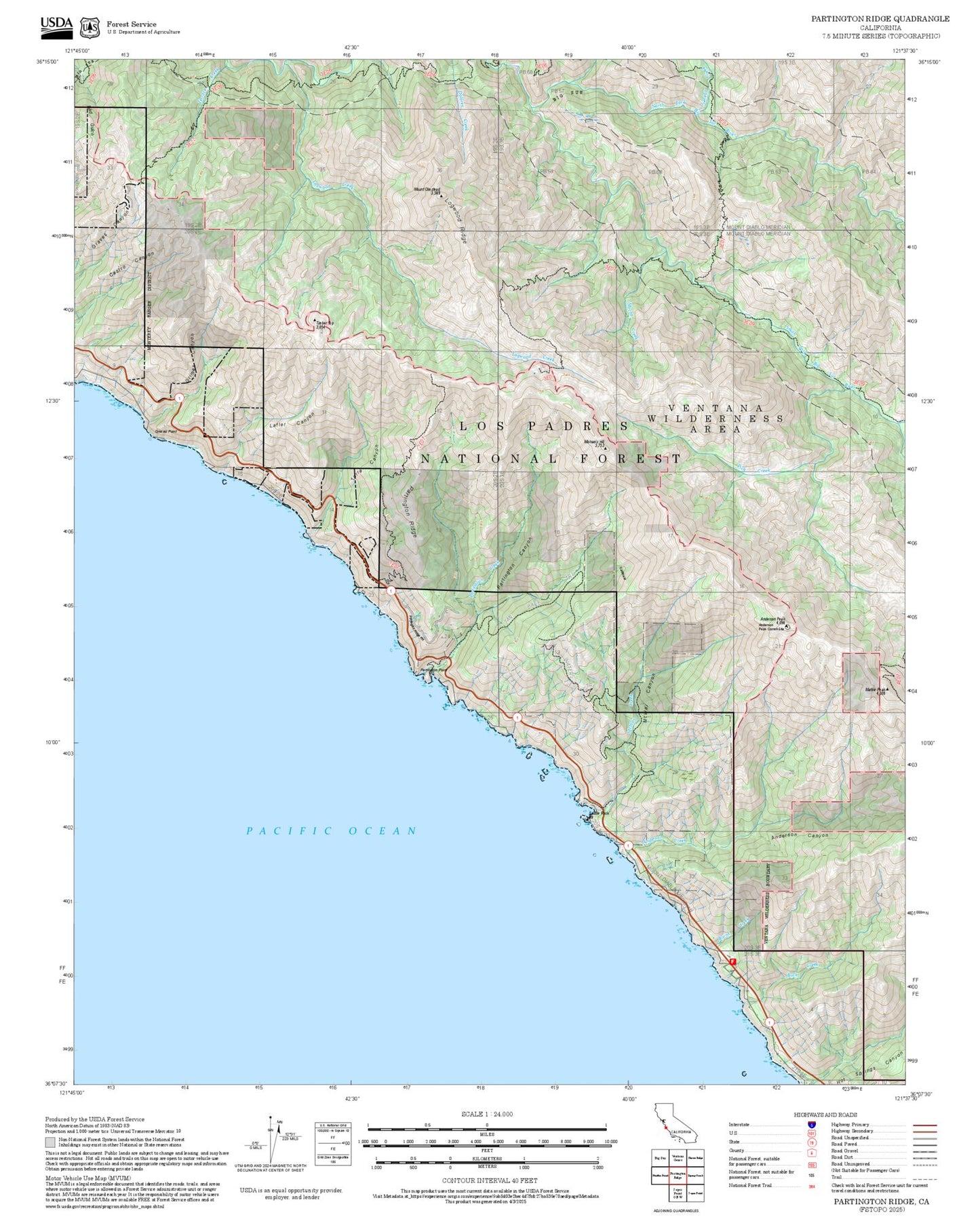 2025 Forest Service Topo Map of Partington Ridge California