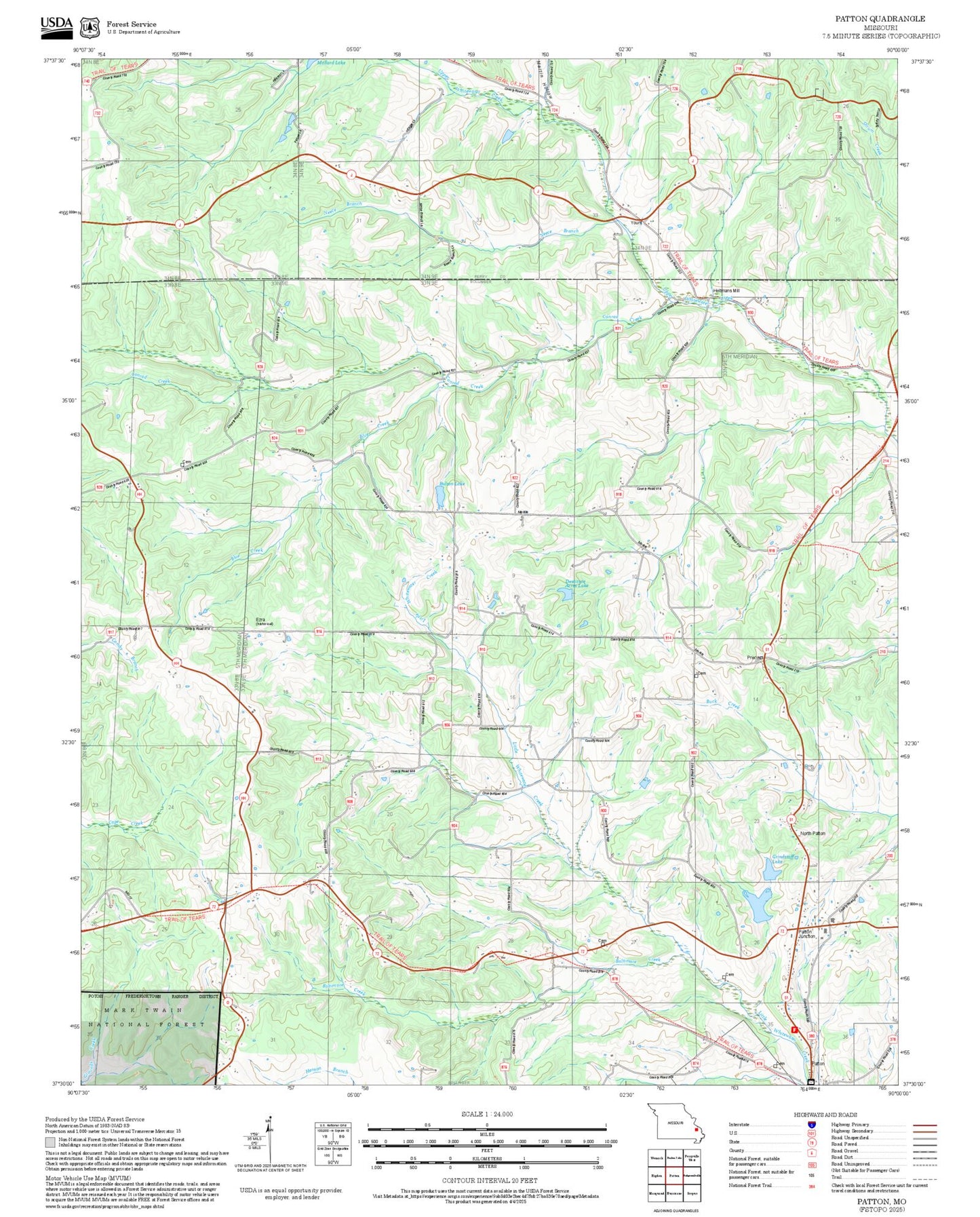 2025 Forest Service Topo Map of Patton Missouri
