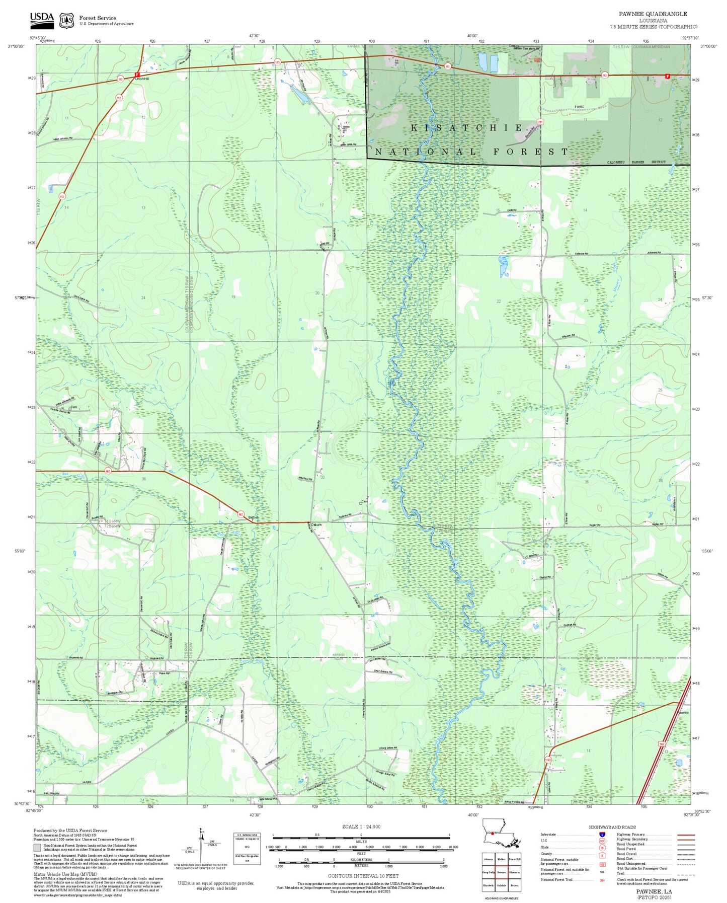 2025 Forest Service Topo Map of Pawnee Louisiana